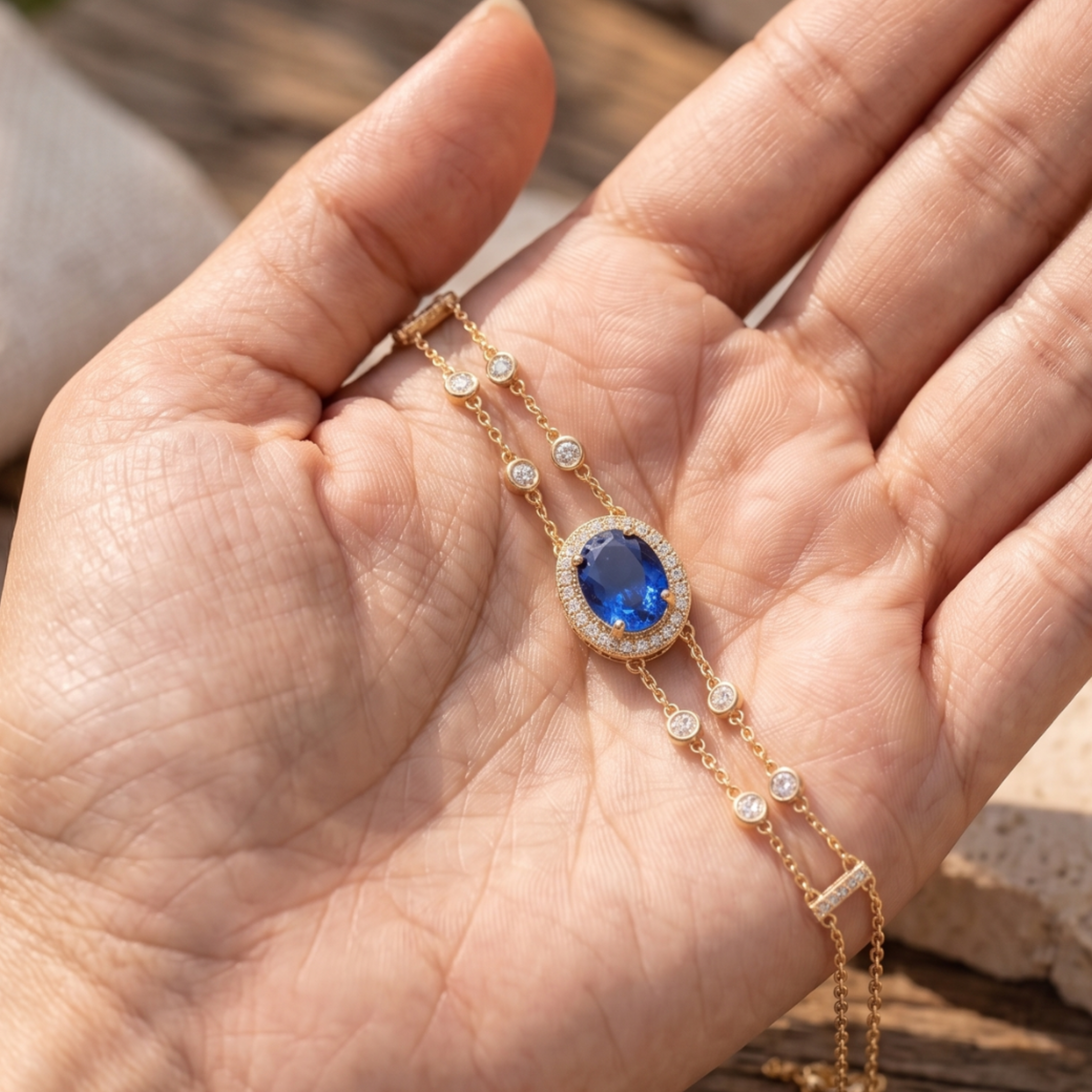 2 CT oval blue sapphire bracelet with diamond halo in yellow gold by Kiashaa Jewellery.
