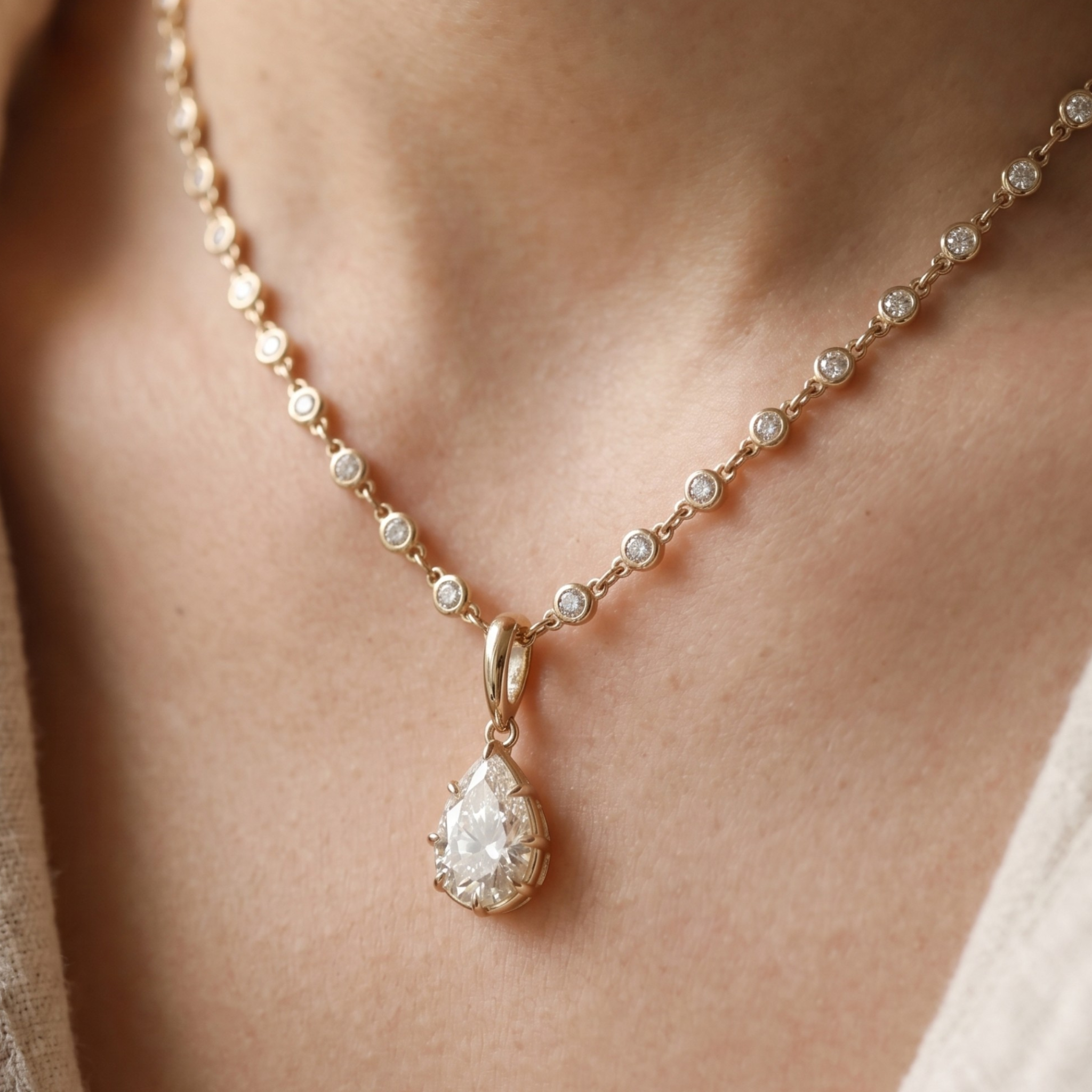 A close-up of a delicate gold chain necklace with small clear stones and a pear-shaped clear gemstone pendant, worn on a person's neck.