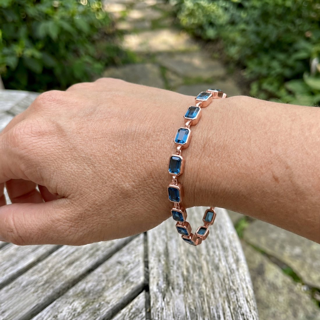 Classic gemstone tennis bracelet available in white, yellow, and rose gold.