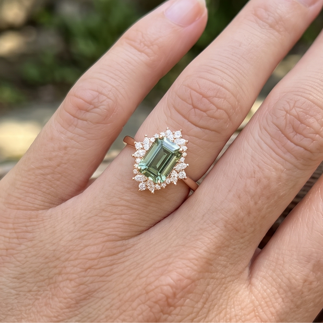 Kiashaa Jewellery 4.372 CTW green emerald diamond halo ring in polished yellow gold.