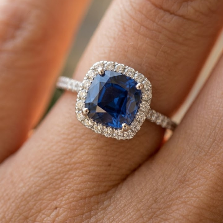 A close-up of a ring worn on a finger, featuring a square cushion-cut deep blue center stone surrounded by a halo of small clear stones, set in a silver-toned band.