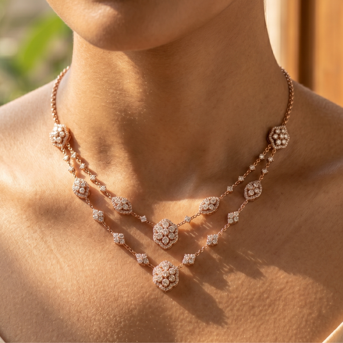 A close-up of a model's neck and upper chest wearing a rose gold double-strand necklace adorned with pavé-set clear stones.