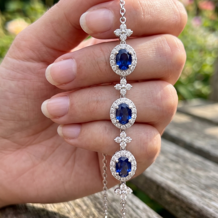 Royal blue oval gemstone bracelet with round lab-grown diamond halos by Kiashaa Jewellery.