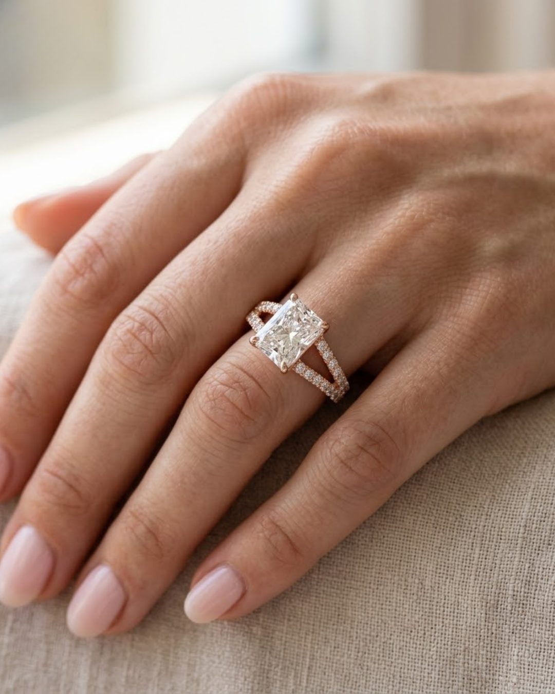 Rose gold radiant-cut lab-grown diamond engagement ring by Kiashaa Jewellery with round diamond accents.