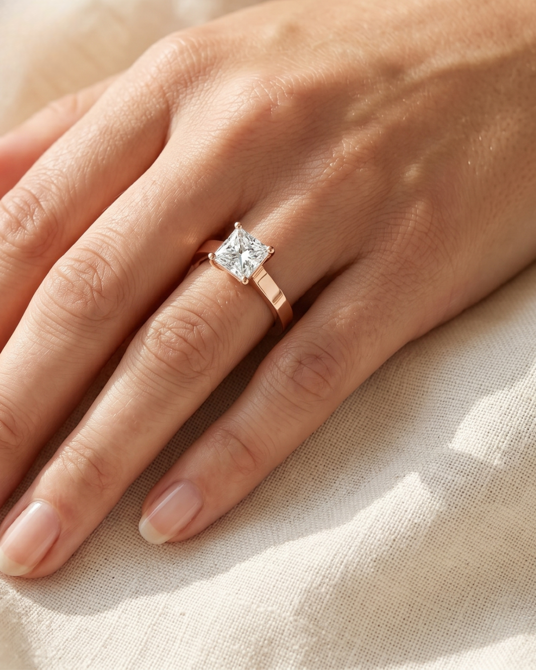 Rose gold princess-cut lab-grown diamond ladies ring by Kiashaa Jewellery with a refined four-prong setting.
