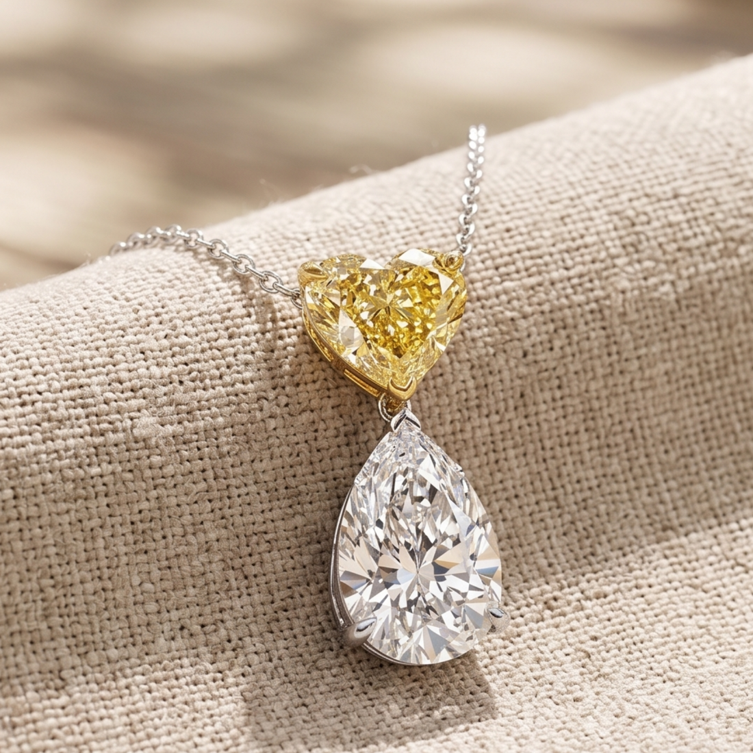 A heart-shaped yellow diamond pendant necklace with a pear-cut clear diamond drop, displayed on a textured beige fabric surface.