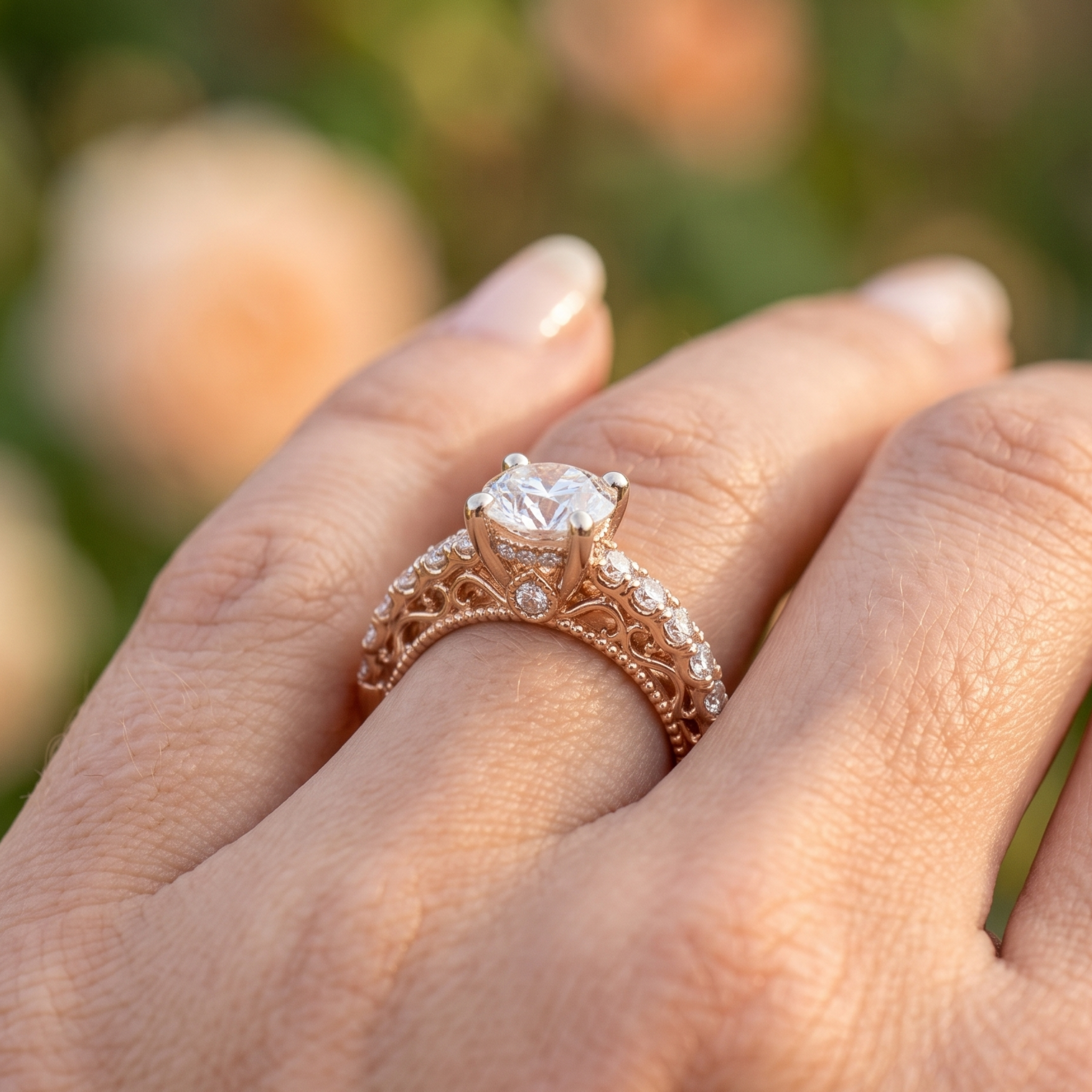 Kiashaa Jewellery 2.524 CTW vintage round diamond engagement ring in polished rose gold.
