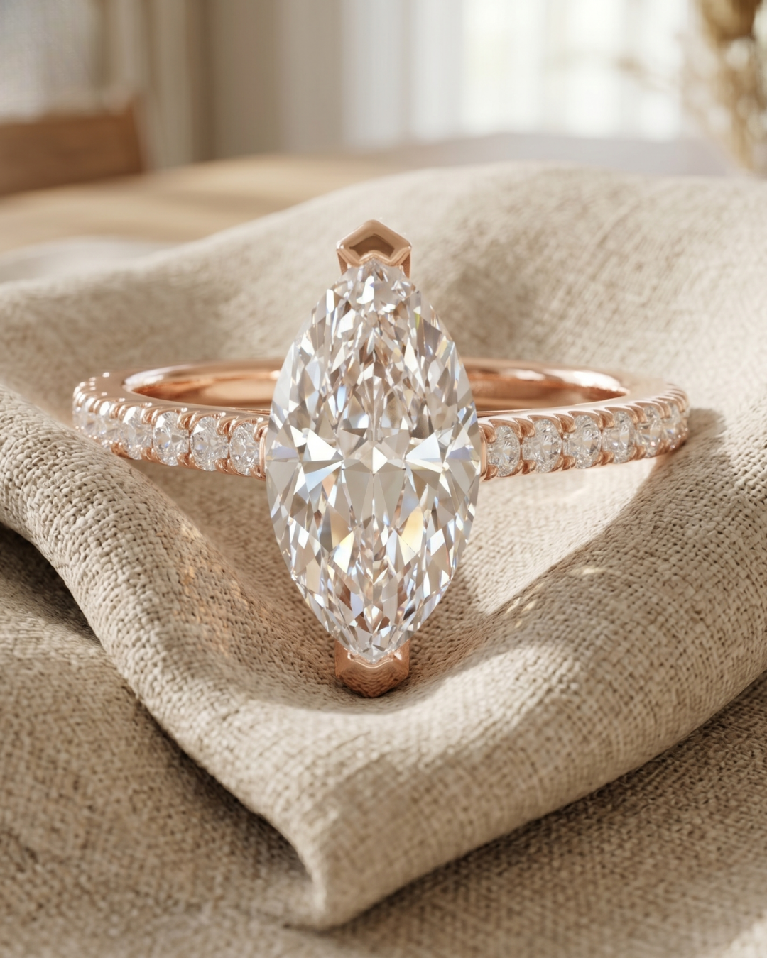 Marquise and round diamond ring for women in gold