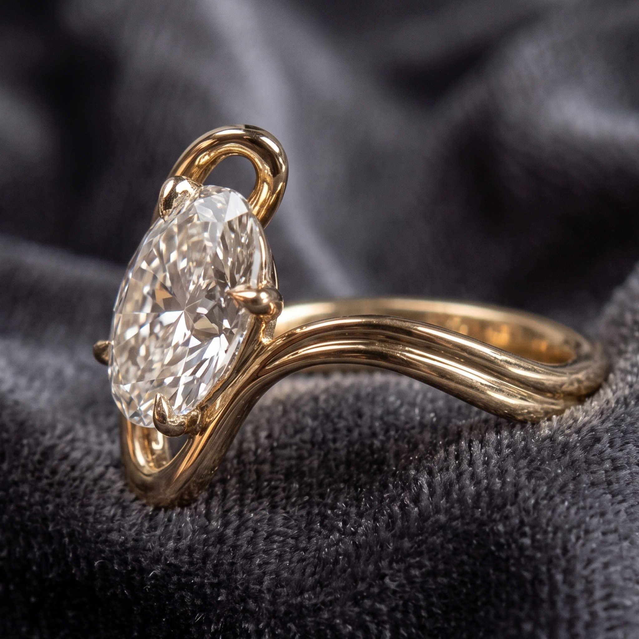 Large oval diamond engagement ring with sculptural bypass band