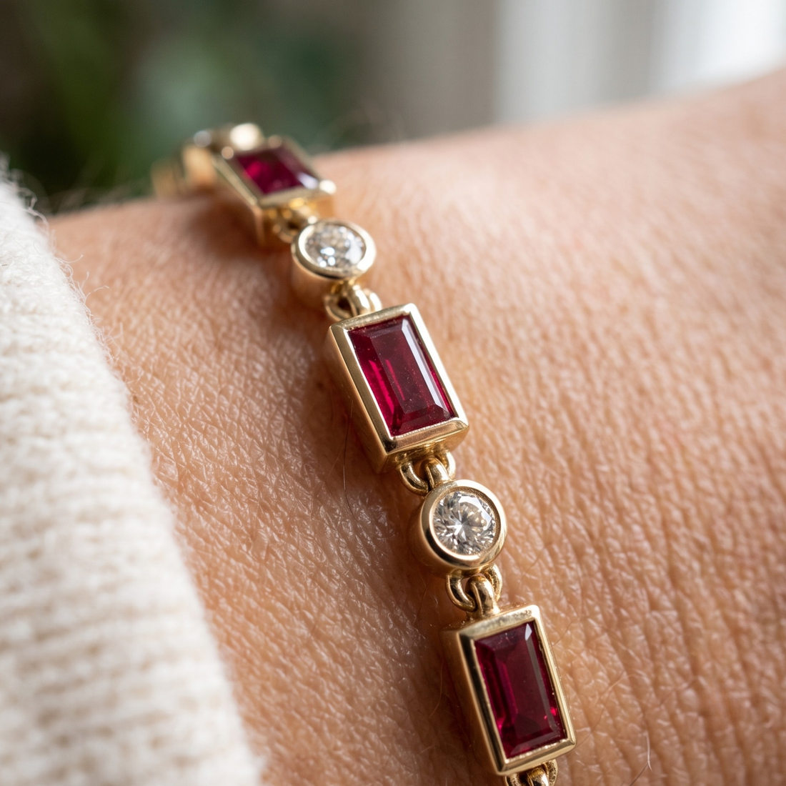 Kiashaa Jewellery 1.91 CTW red baguette and round diamond bracelet in polished yellow gold.