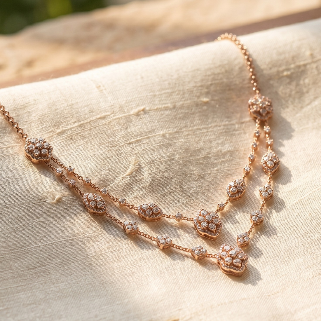 Rose gold double-layer necklace with diamond floral clusters, draped on a textured beige fabric background.