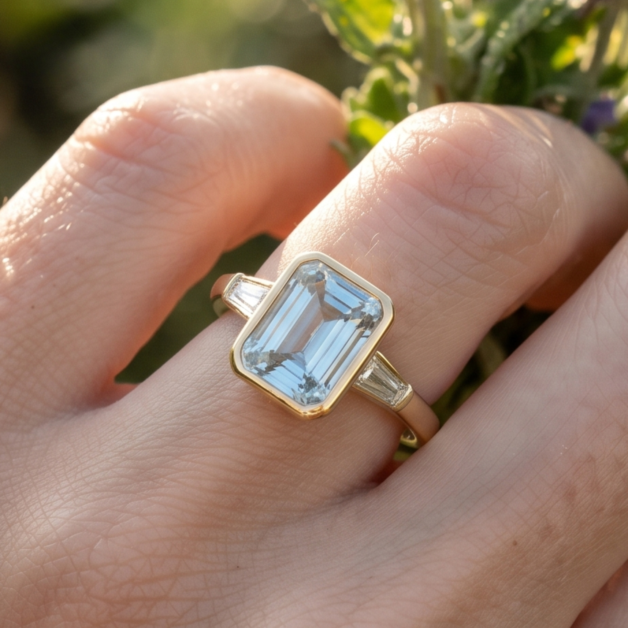 Aqua Cushion 1.351 CTW Cushion & Tapered Baguette Three-Stone Ring in 9K, 14K & 18K Gold