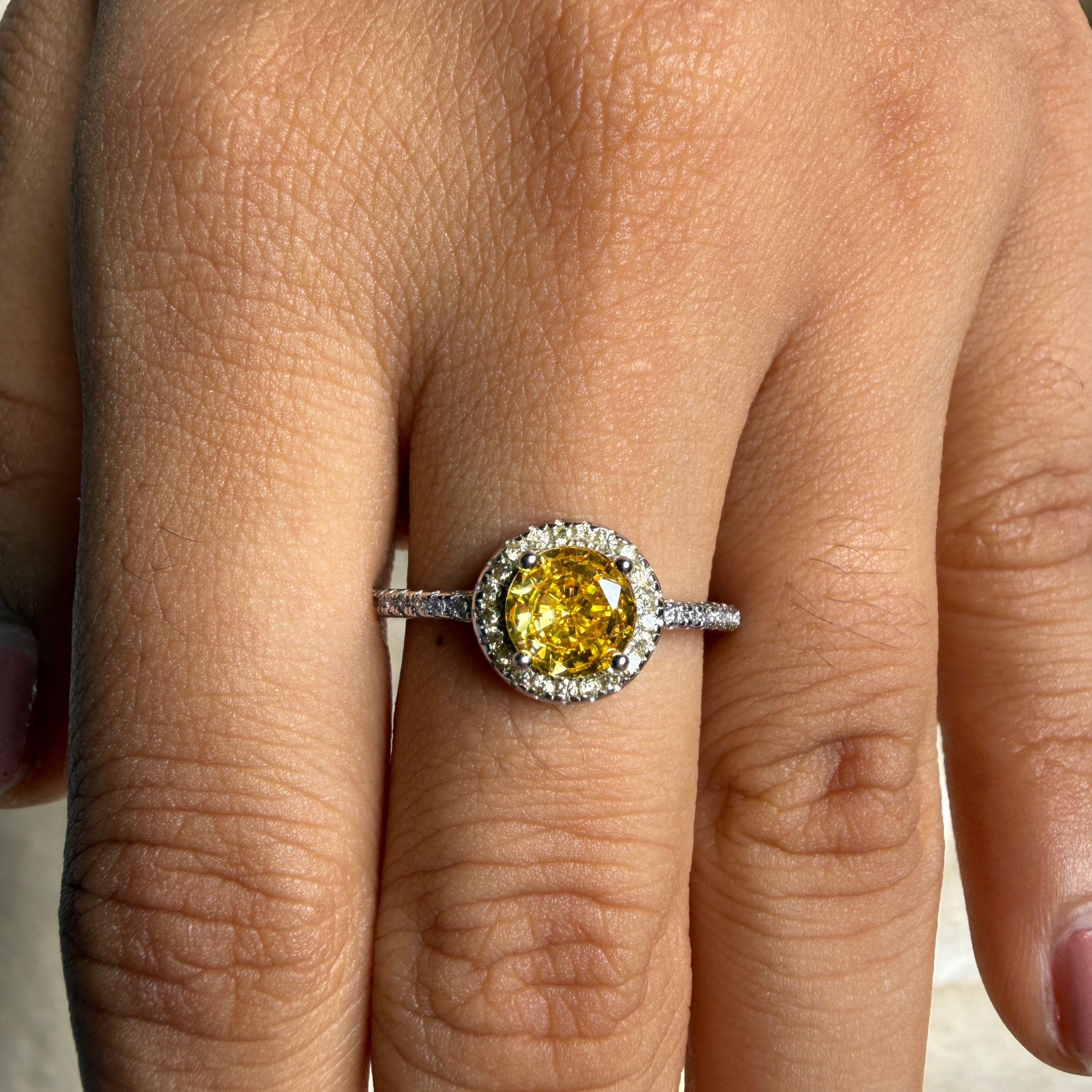 Yellow round gemstone halo ring with lab-grown diamonds by Kiashaa Jewellery.