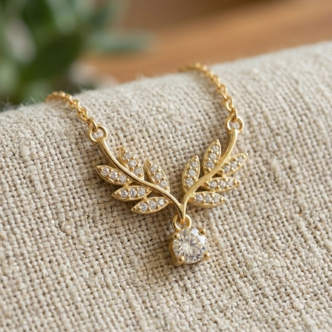A gold leaf pendant necklace adorned with small clear crystals and a teardrop-shaped clear gemstone, displayed on a textured beige fabric surface.