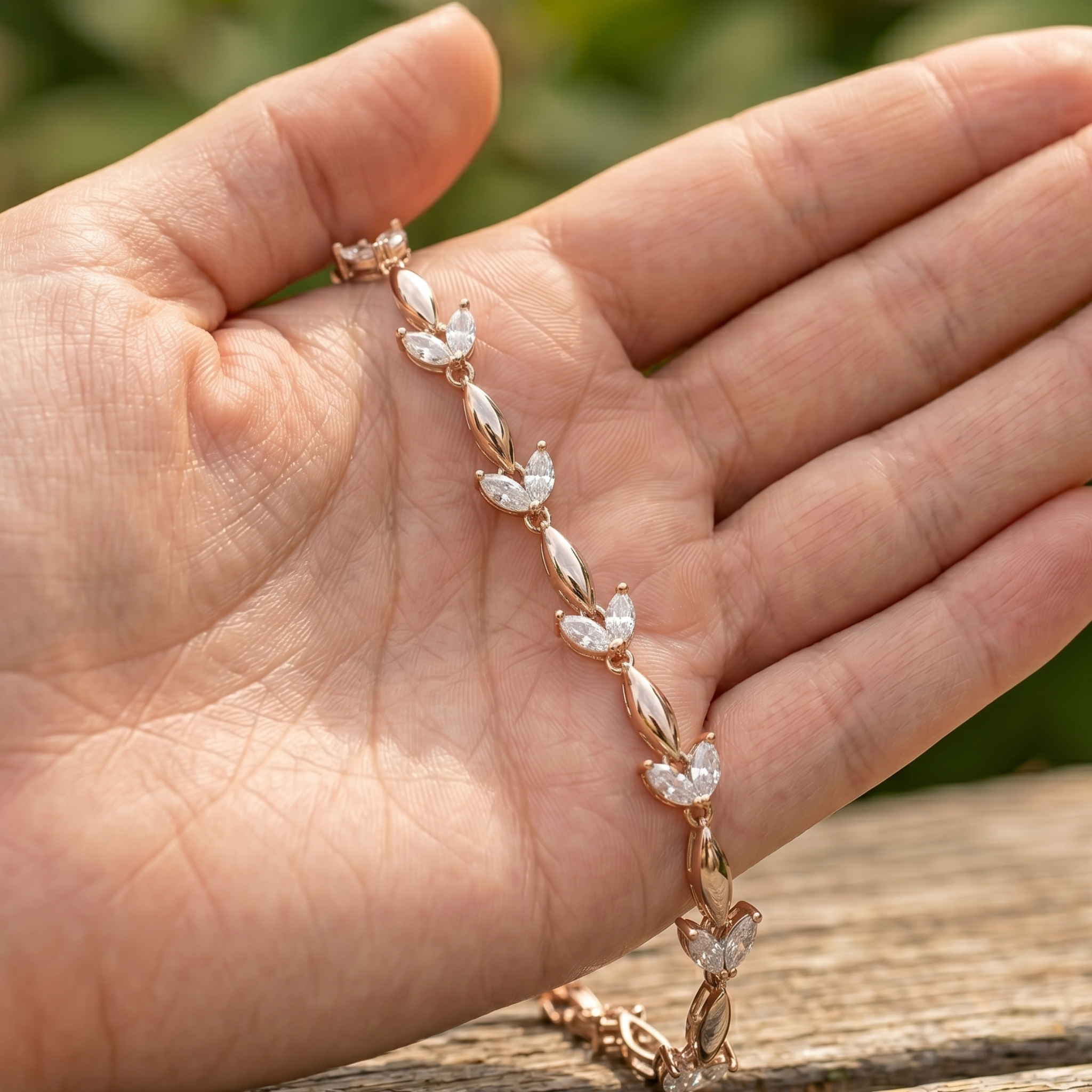 A rose gold bracelet with clear crystal leaf-shaped links, draped across an open hand against a blurred green and brown outdoor background.