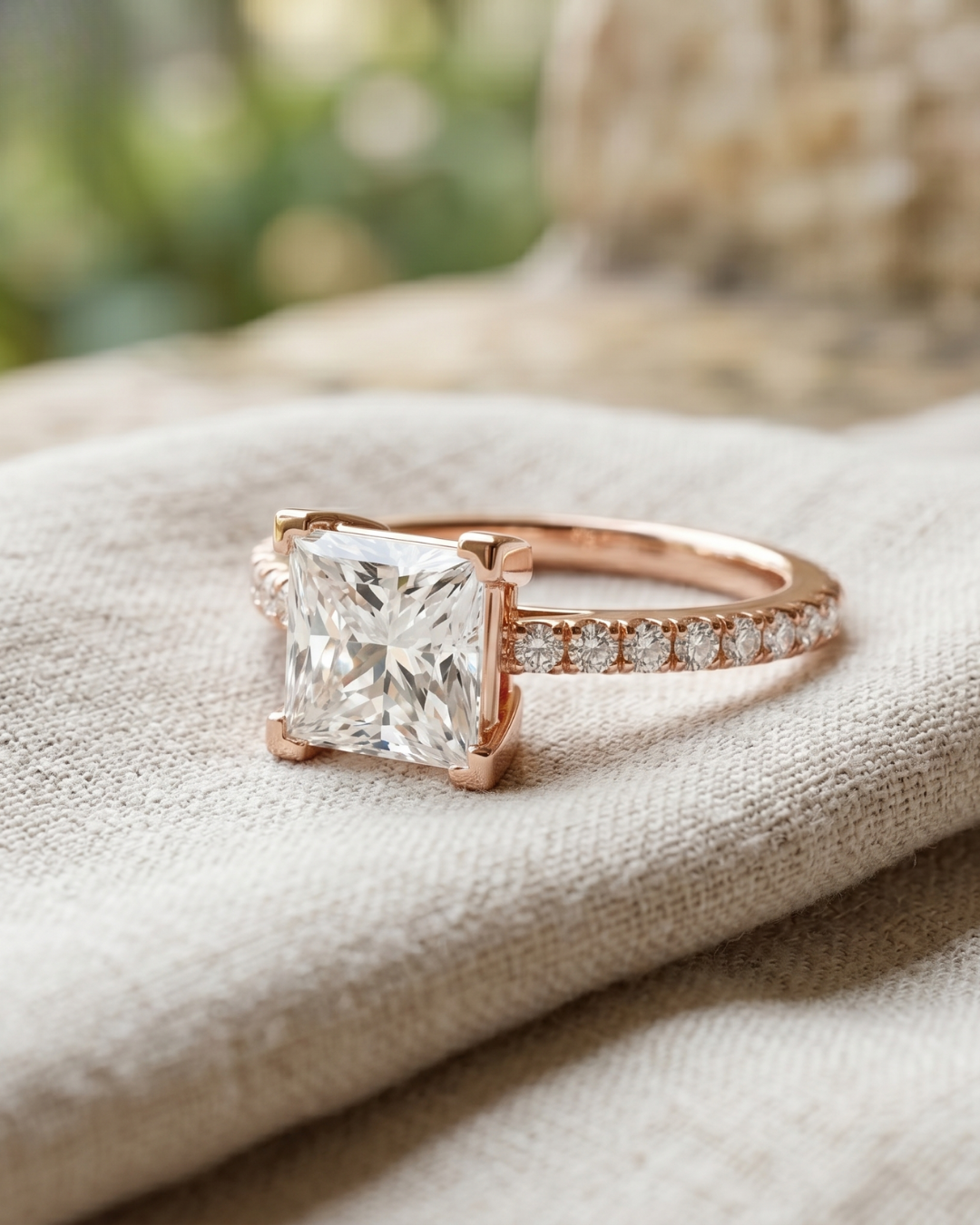 Rose gold princess-cut lab-grown diamond ring by Kiashaa Jewellery with a sparkling round diamond accent band.