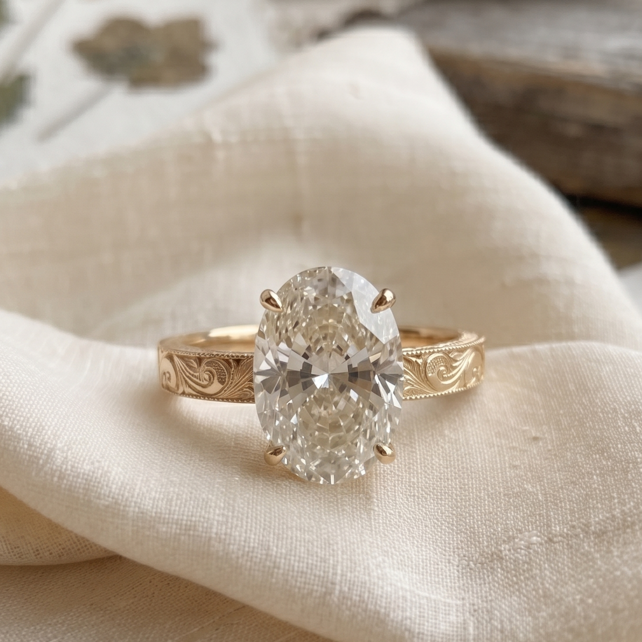 Front view of a 3 CT oval diamond solitaire engagement ring in yellow gold with vintage scroll engraving.