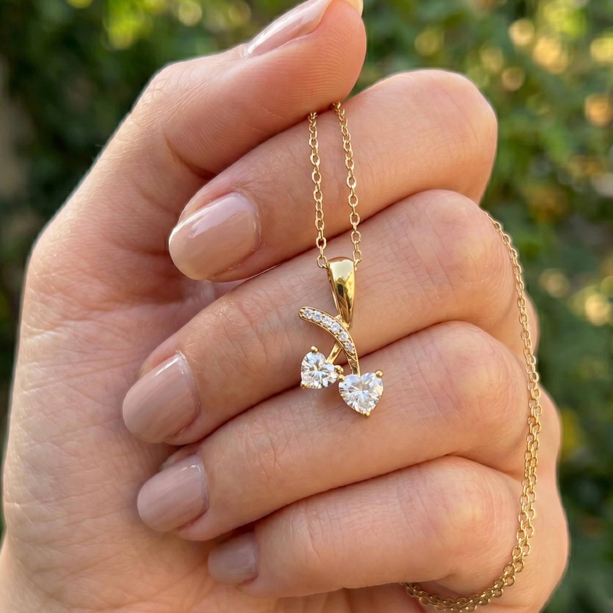 A close-up of a hand holding a delicate gold necklace with a leaf-shaped pendant set with two clear heart-shaped gemstones, against a blurred green outdoor background.