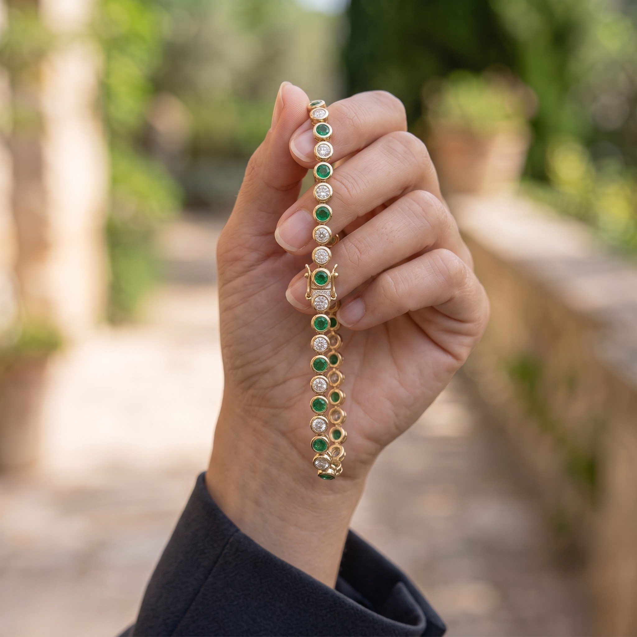 Alternating green gemstone and white diamond bracelet with round bezel-set stones.
