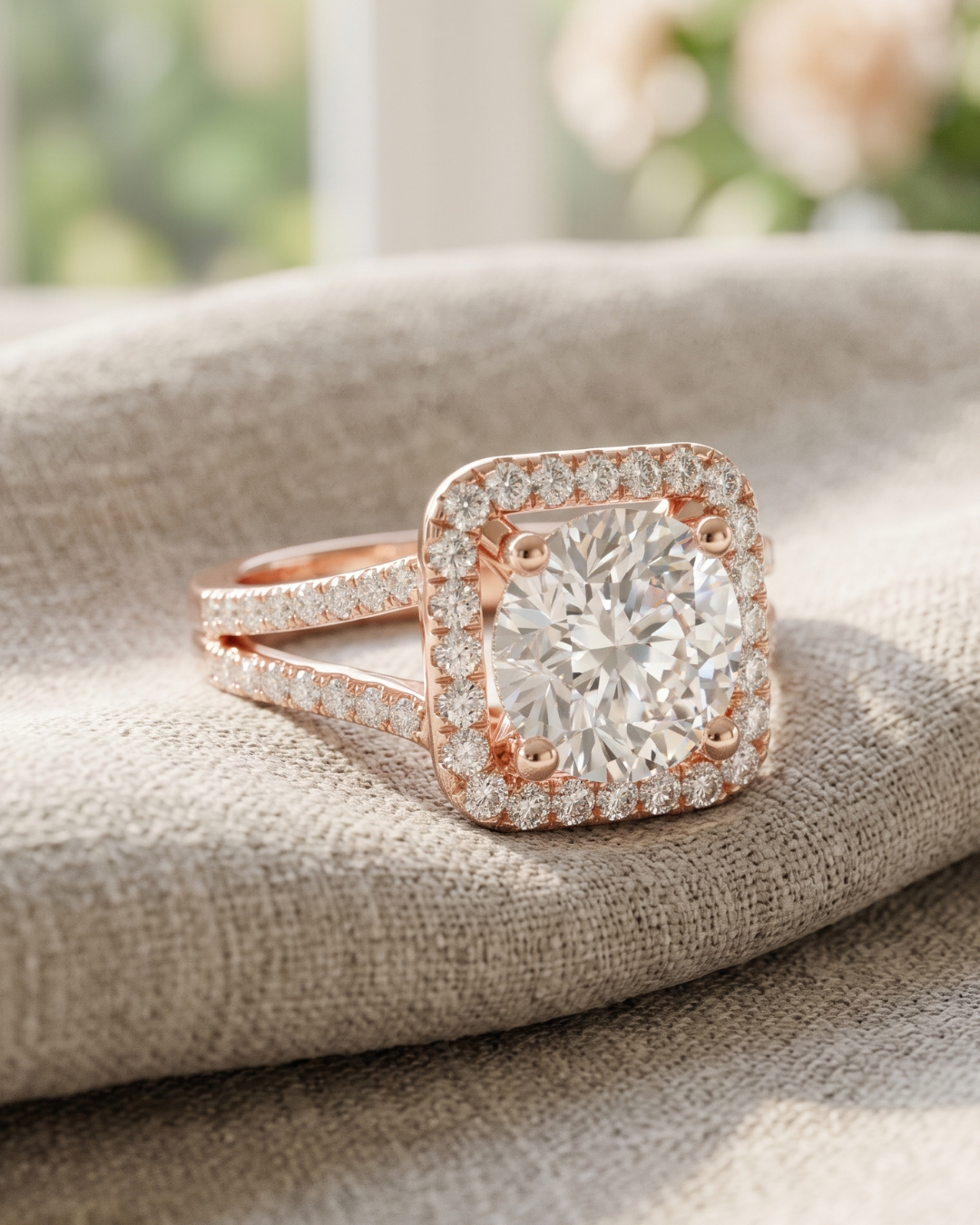 Rose gold round lab-grown diamond engagement ring by Kiashaa Jewellery with a cushion halo and diamond band.