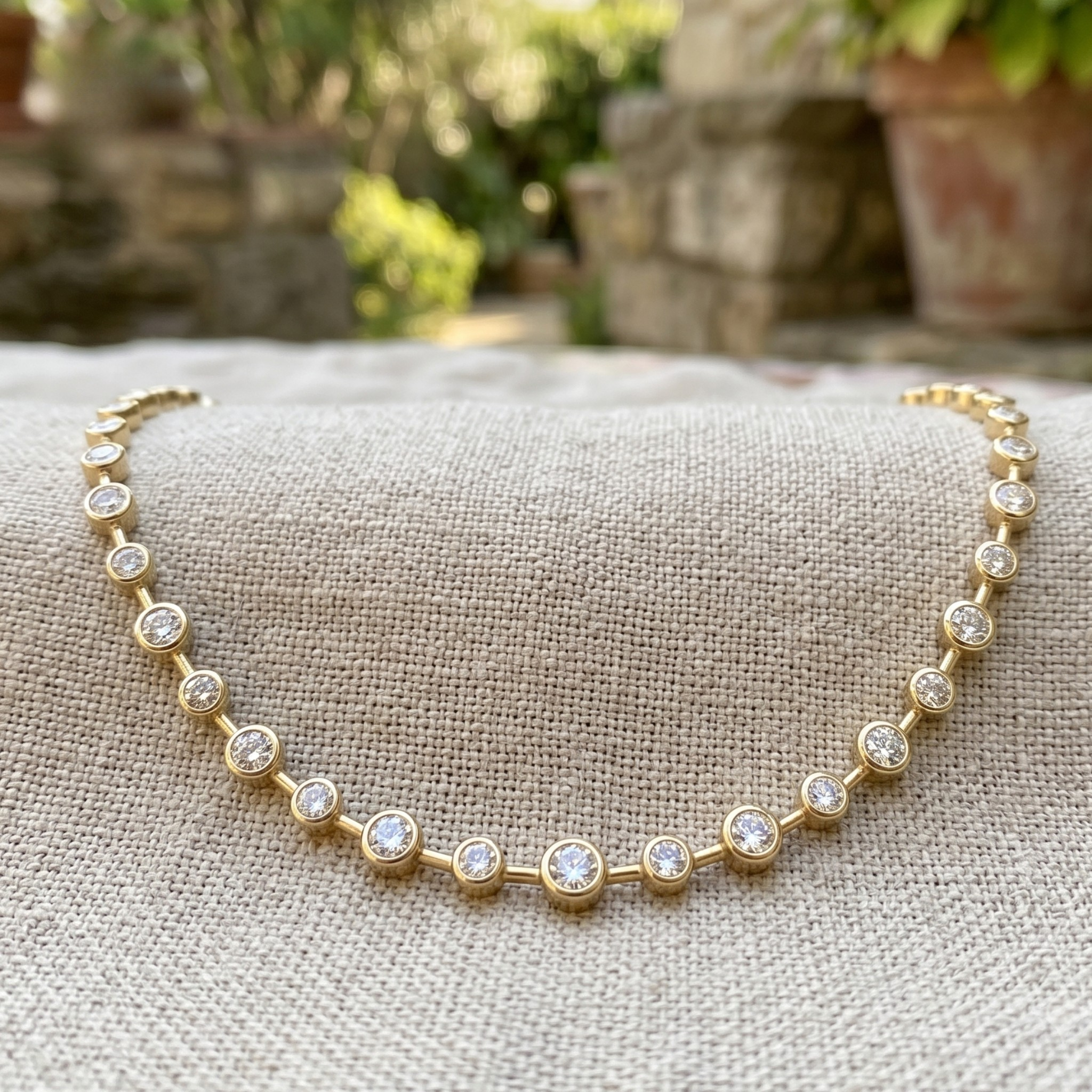 A gold tennis necklace with round clear stones, displayed on a textured beige linen fabric with a blurred garden background.