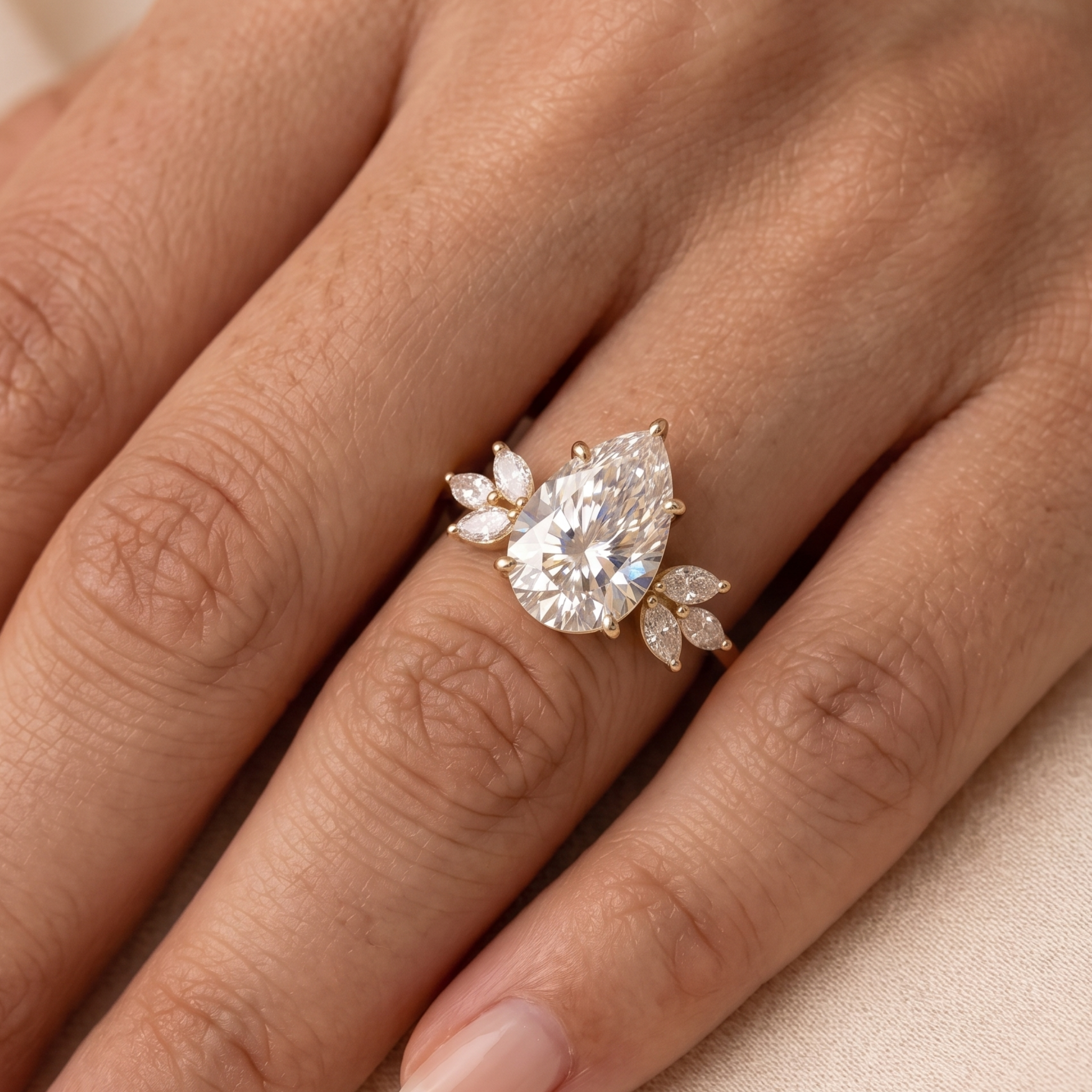 1.08 CT pear center diamond ring with six marquise side diamonds