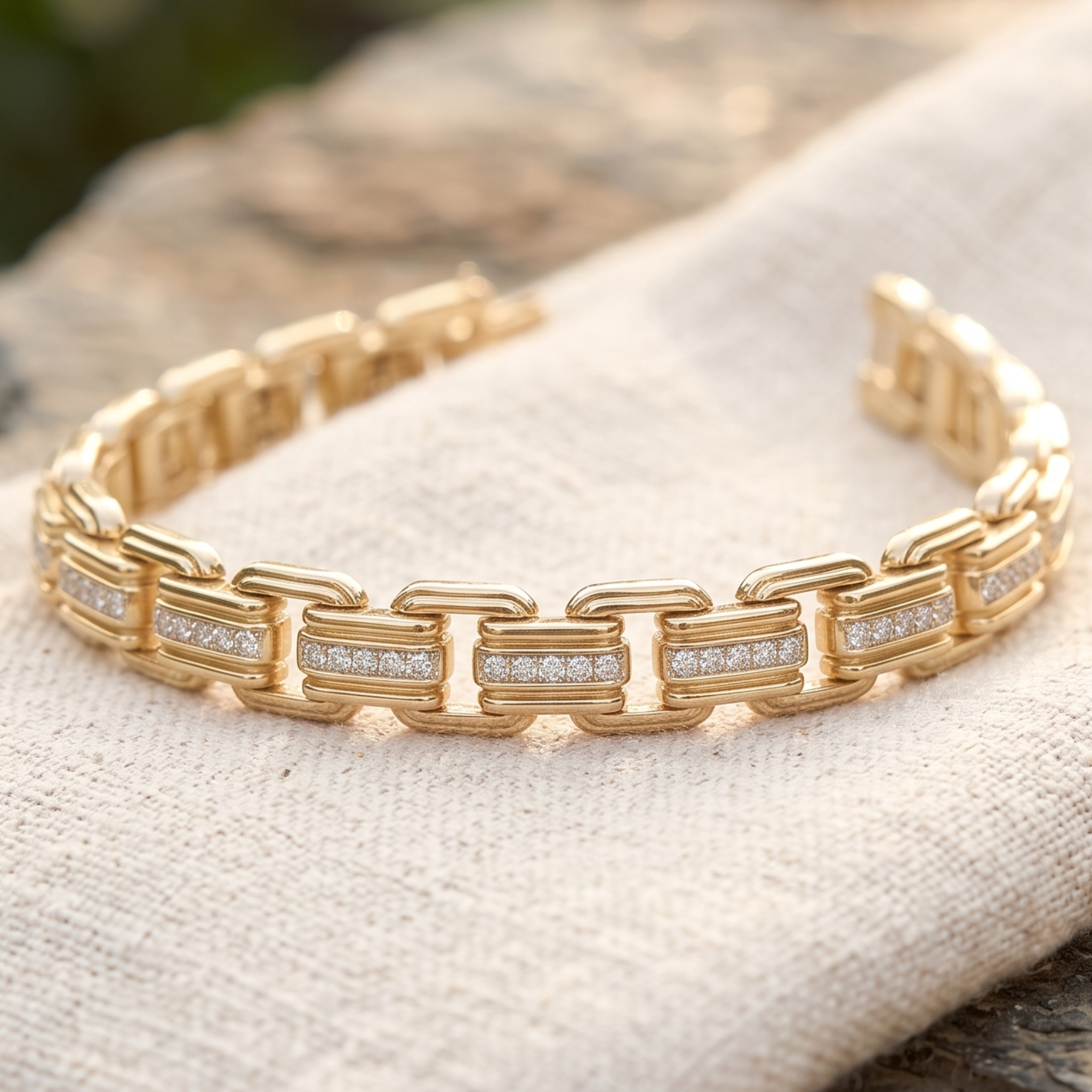 A gold chain-link bracelet with clear pavé stones set between the links, displayed on a textured beige fabric surface.
