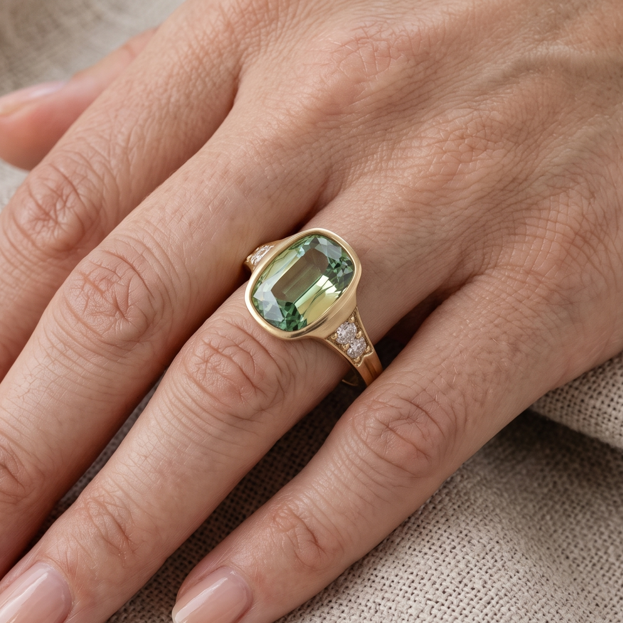 2.83 CT green cushion center stone ring by Kiashaa Jewellery
