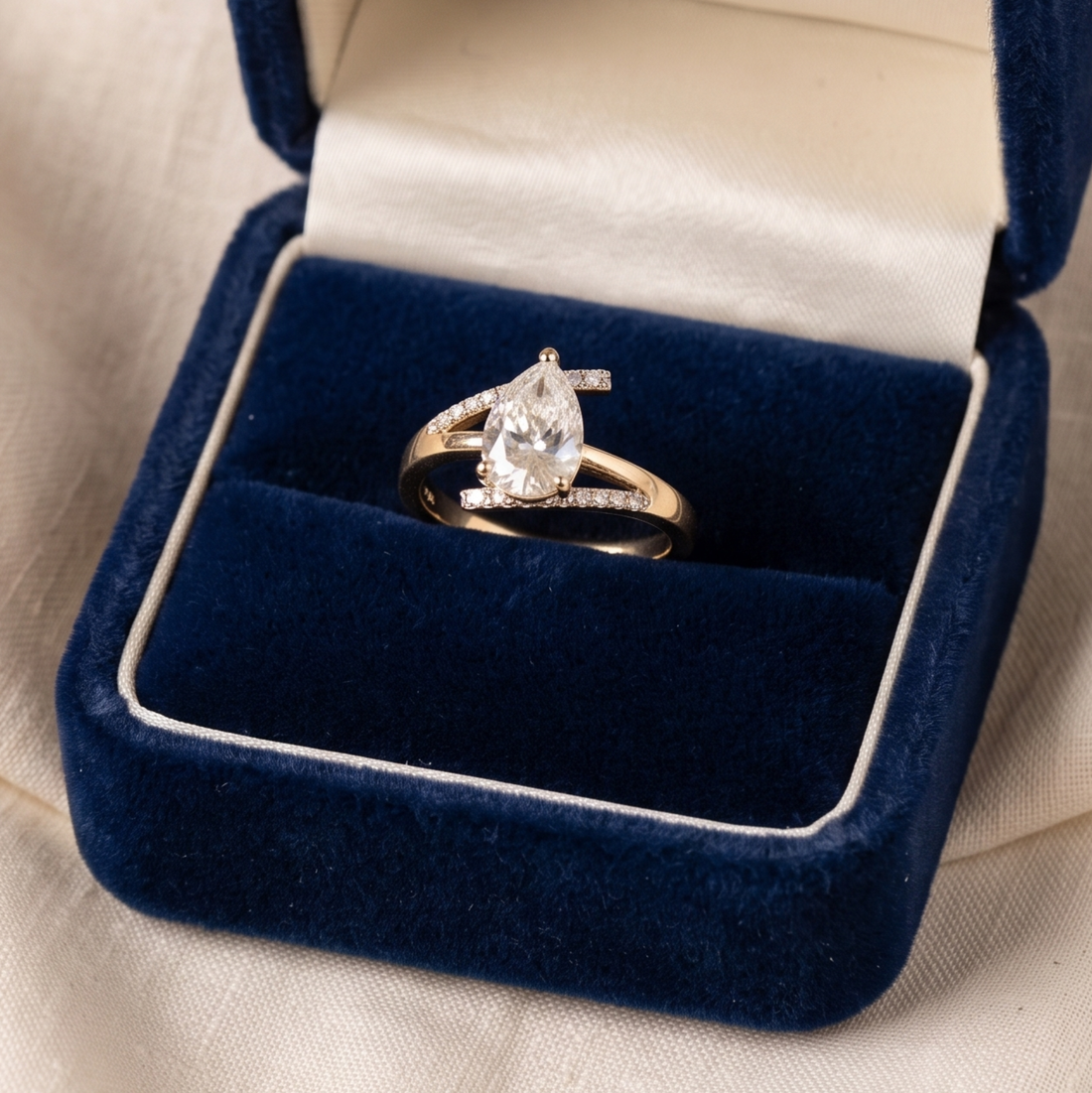 A gold ring with a pear-cut clear center stone and small side stones, displayed in an open dark blue velvet ring box on a light fabric background.