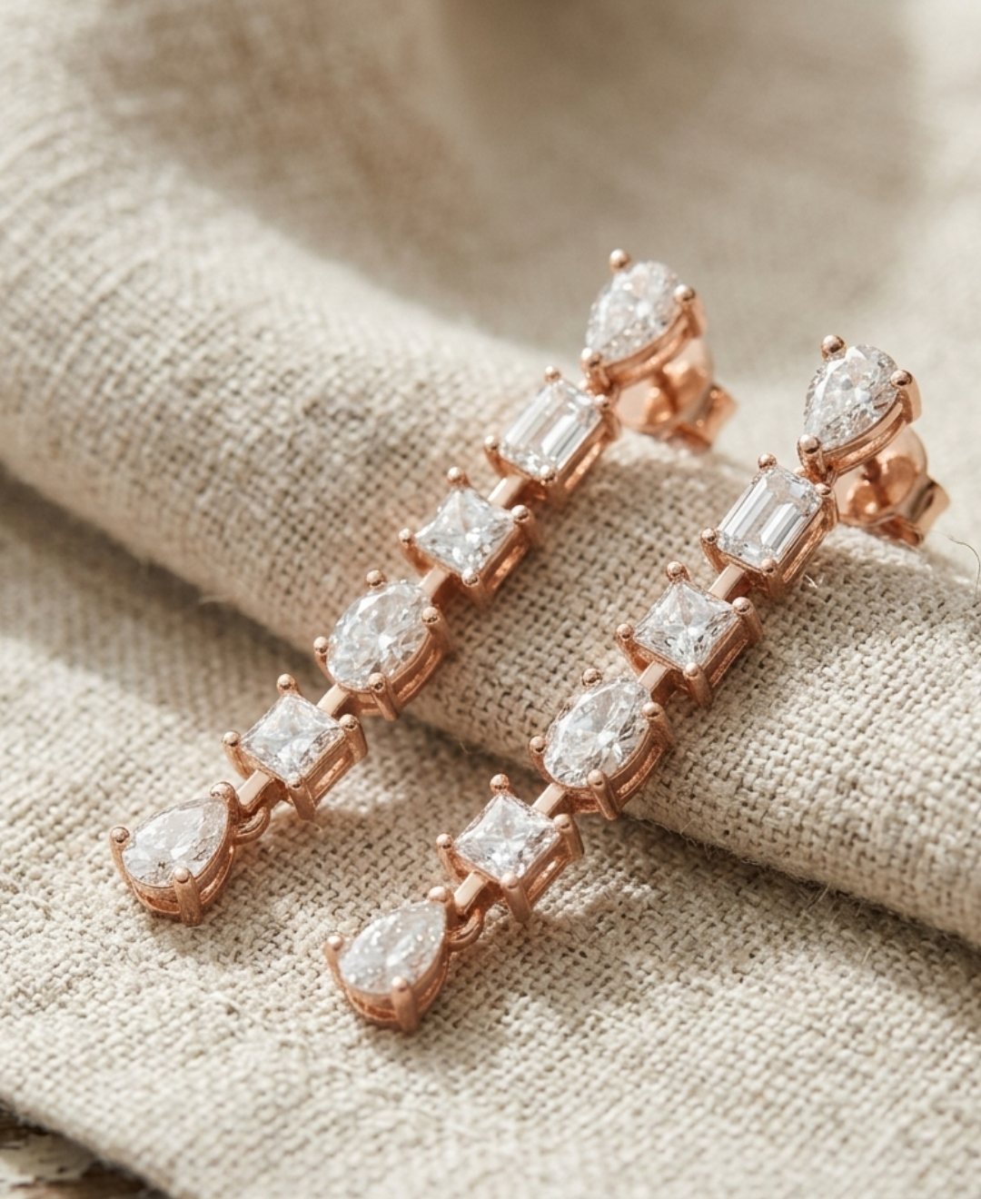 Rose gold linear diamond earrings featuring pear, emerald, princess, and oval-cut lab-grown diamonds.