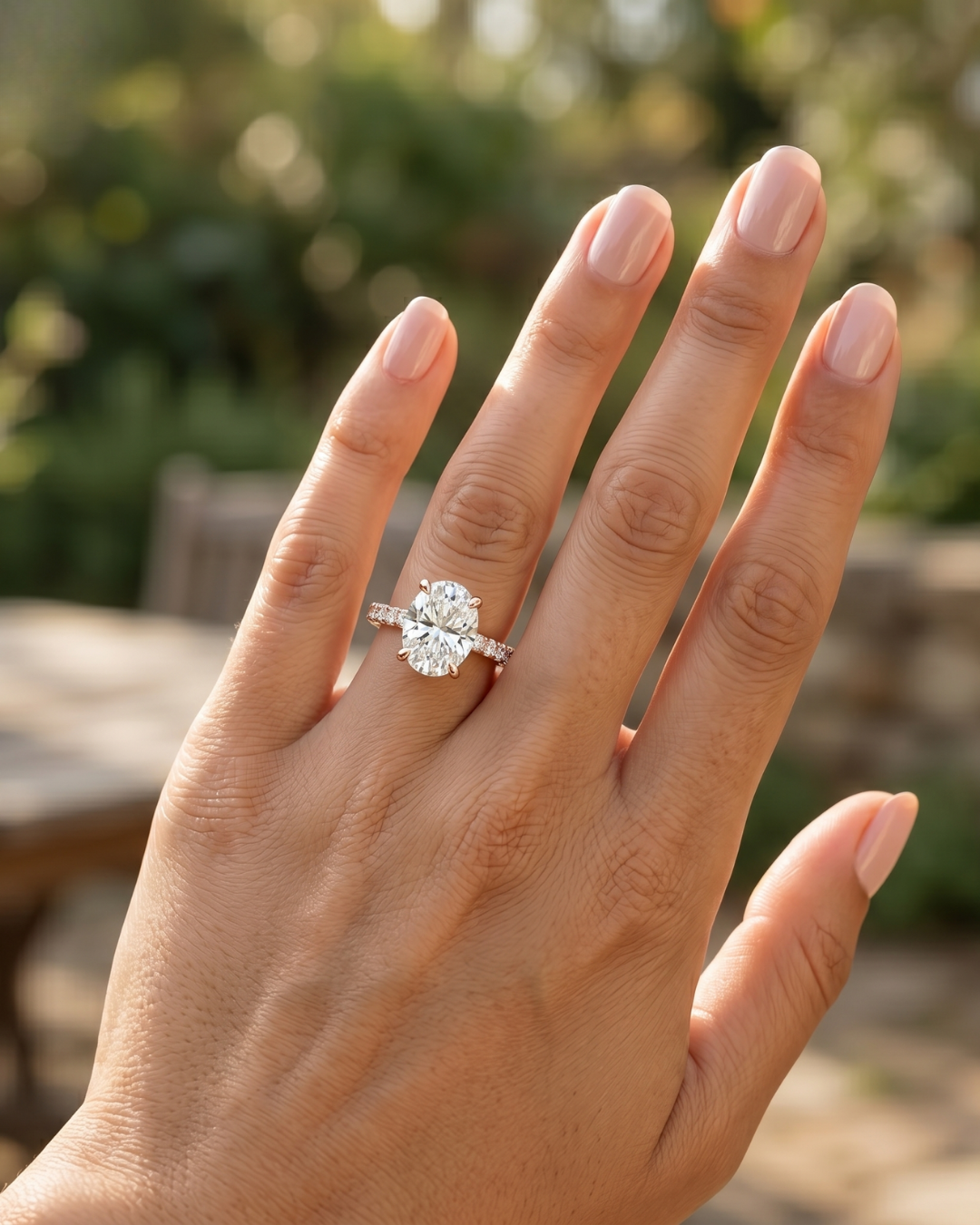 Rose gold oval-cut lab-grown diamond ring by Kiashaa Jewellery with sparkling round diamond side accents.