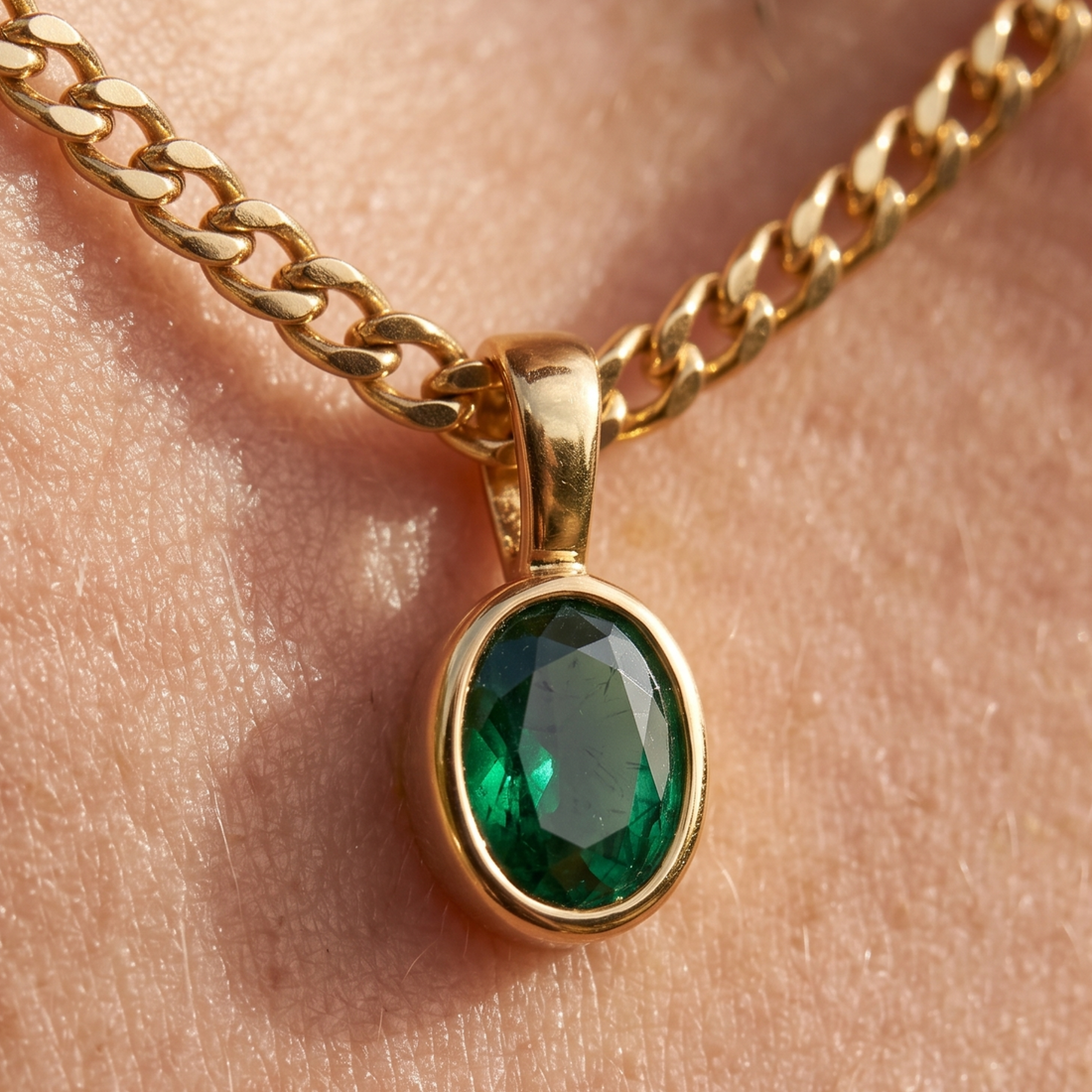 1.98 CT green oval gemstone pendant necklace with polished yellow gold Cuban chain.