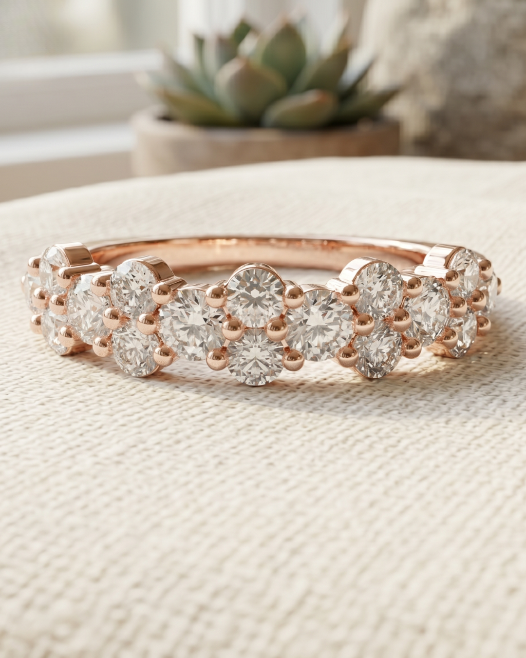 Rose gold round lab-grown diamond ladies ring by Kiashaa Jewellery featuring a sparkling cluster band setting.