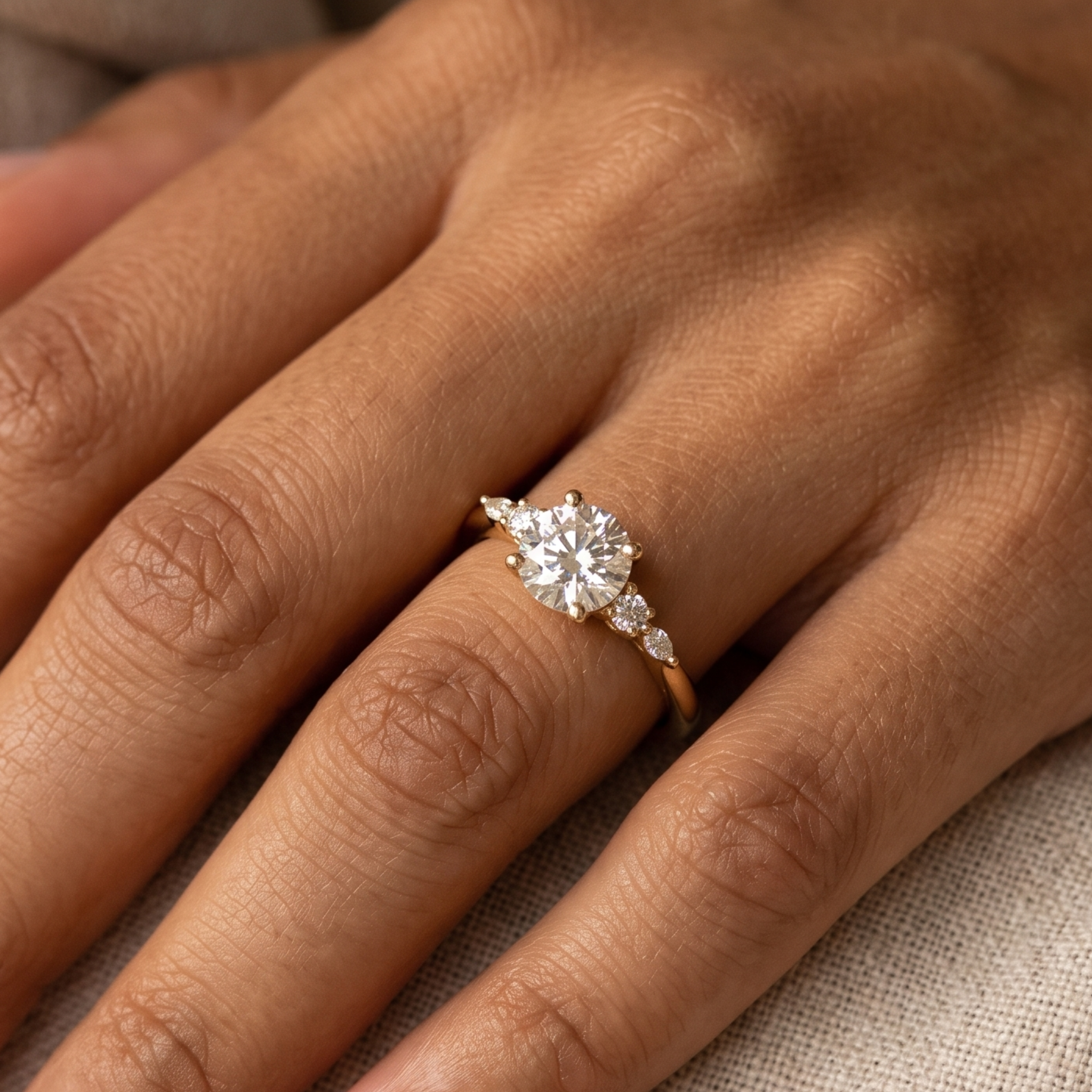 A close-up of a hand wearing a gold ring with a large round-cut clear center stone and smaller side stones, photographed against a soft neutral fabric background.