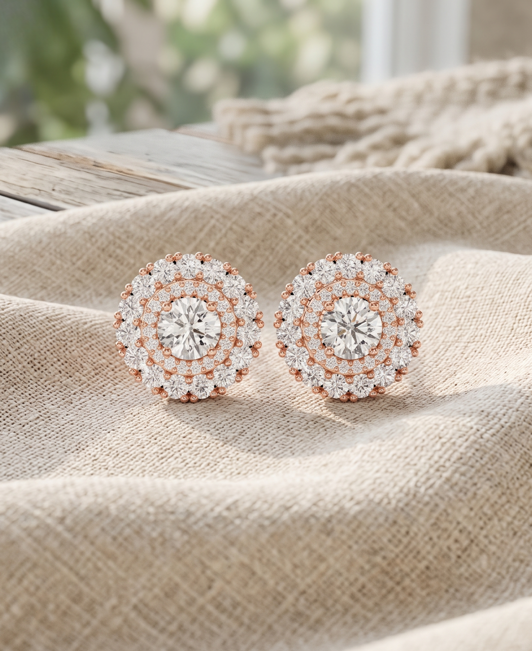 Round brilliant lab-grown diamond halo earrings with a double halo design in rose gold.