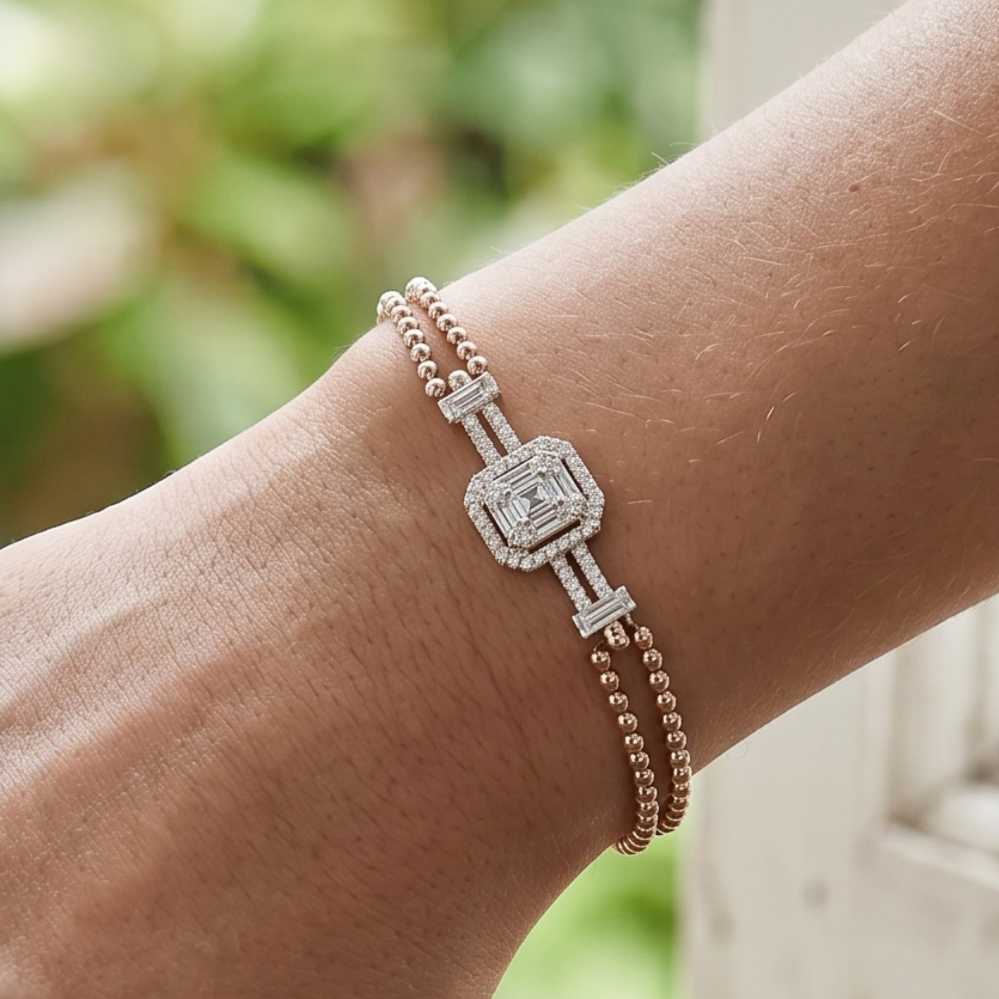 0.60 CT geometric baguette diamond bracelet in rose gold by Kiashaa Jewellery worn on the wrist.