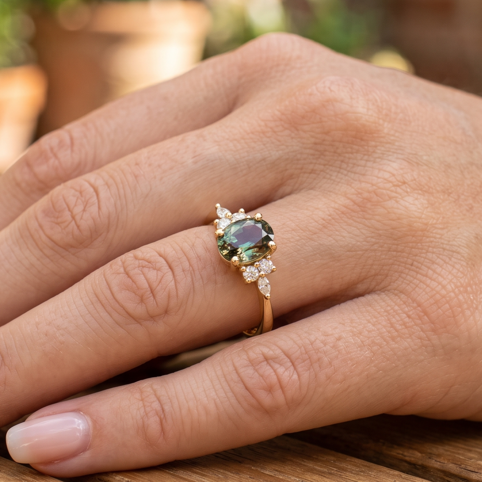 Kiashaa Jewellery 2.664 CTW green oval diamond ring in polished yellow gold.