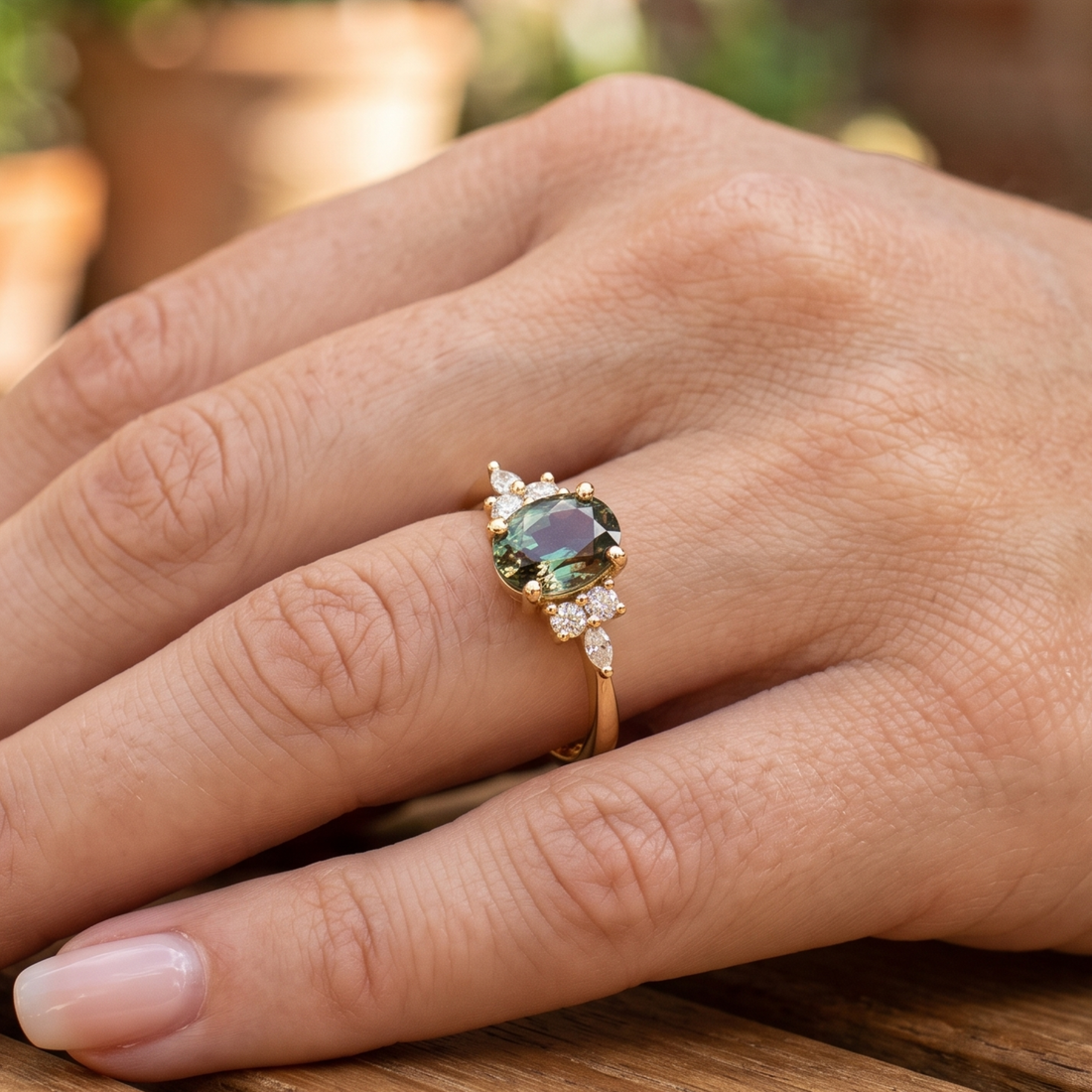 Kiashaa Jewellery 2.664 CTW green oval diamond ring in polished yellow gold.