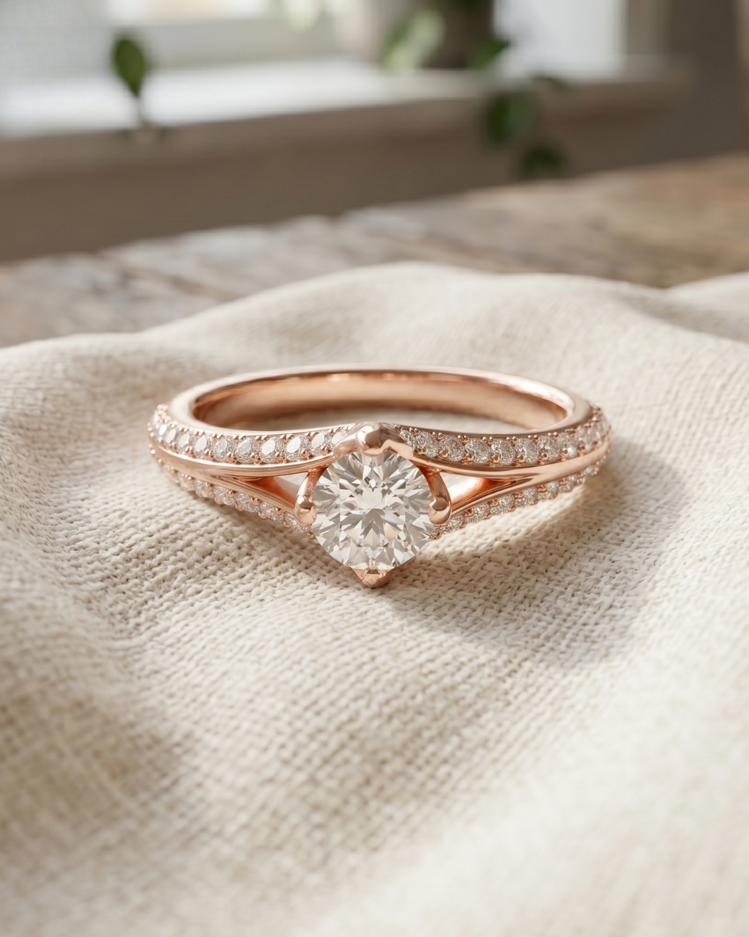 Rose gold round lab-grown diamond engagement ring by Kiashaa Jewellery with an elegant crossover shank.