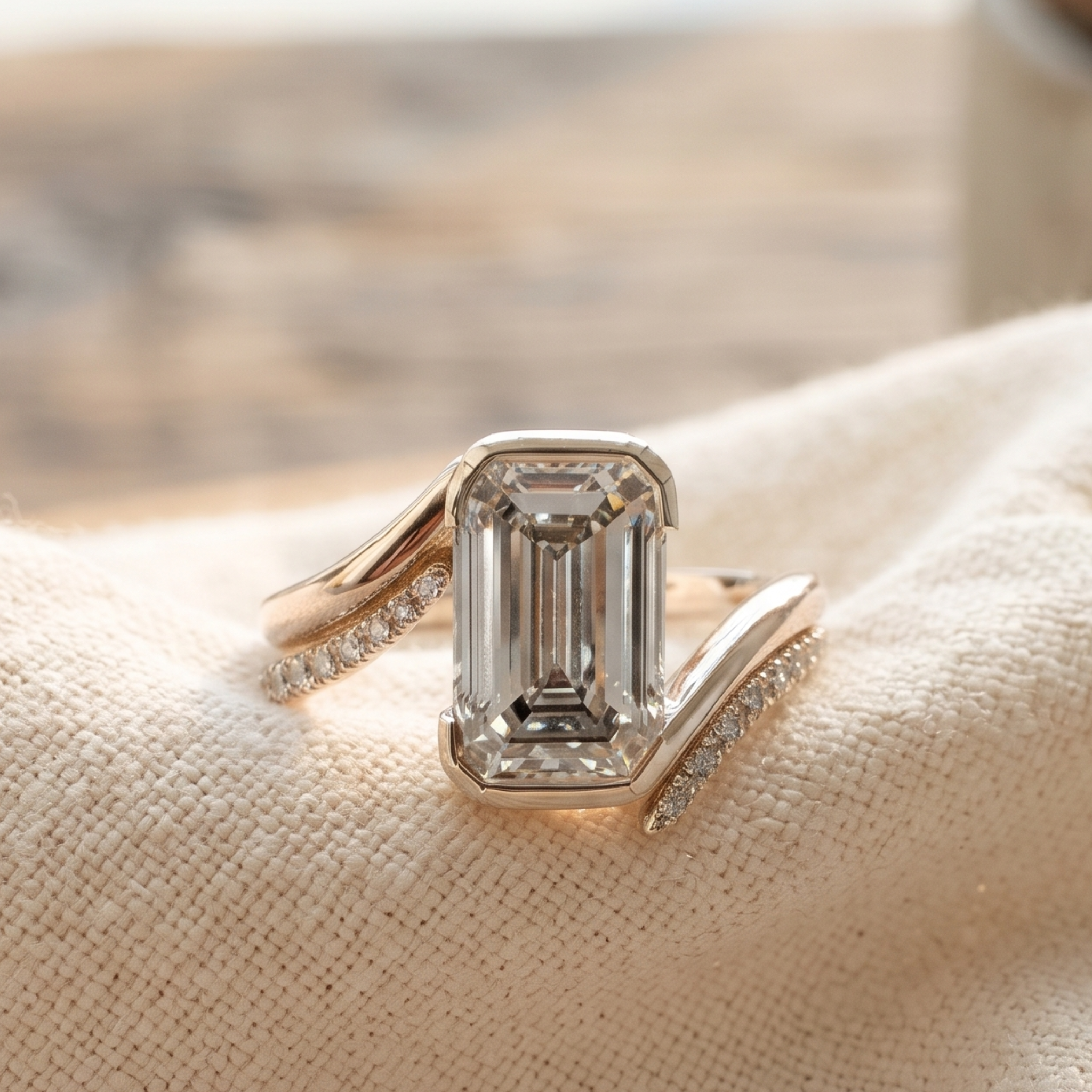 Two carat emerald-cut diamond bypass engagement ring with pavé accents in rose gold.