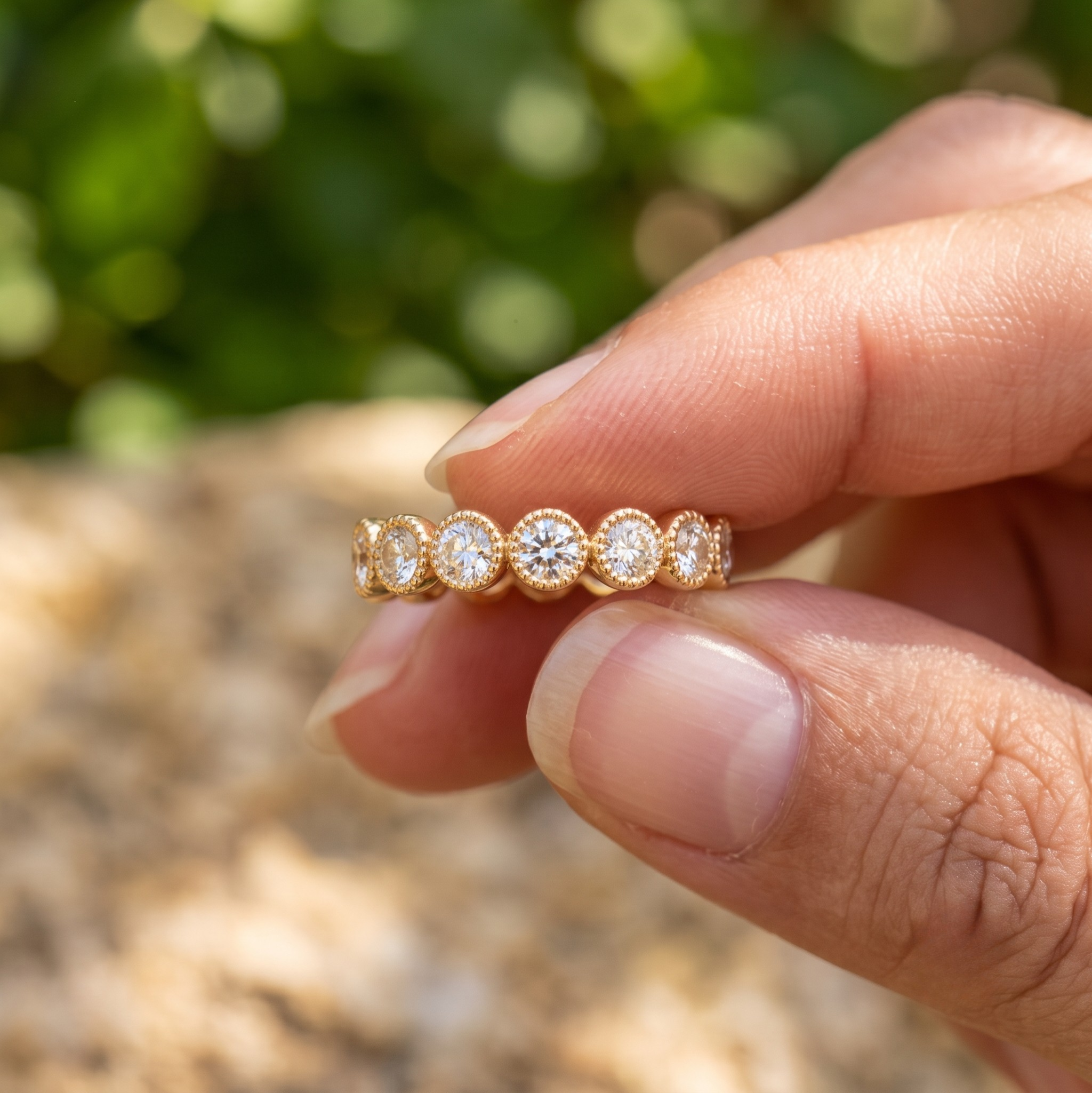 A close-up of a hand holding a gold eternity ring with five round-cut clear gemstones, set against a soft-focus outdoor background of green foliage and warm sunlight.
