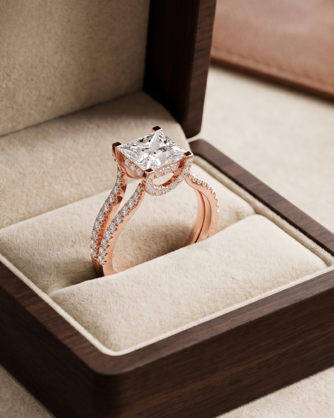Rose gold princess-cut lab-grown diamond engagement ring by Kiashaa Jewellery with round pavé diamond accents.