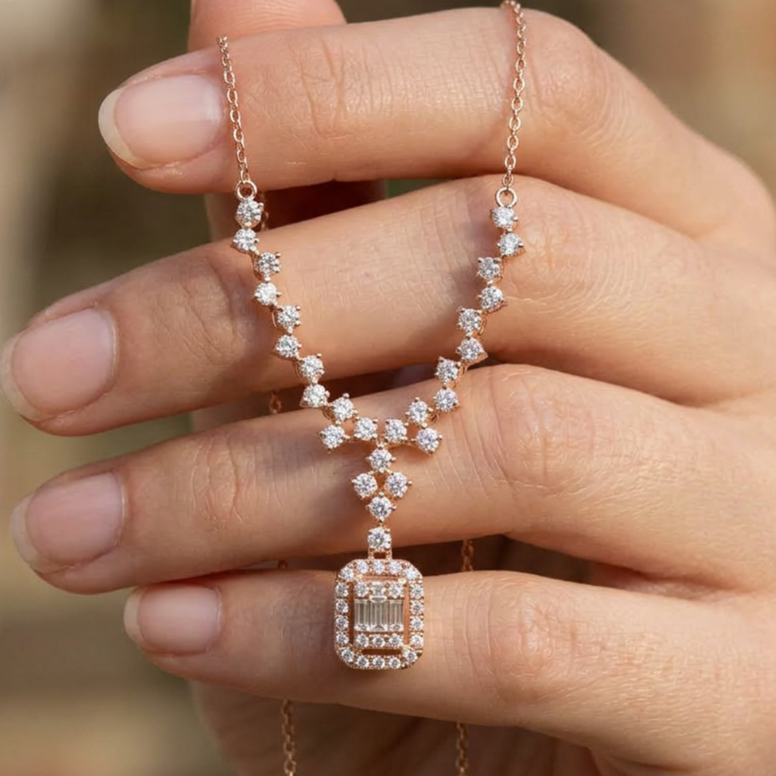 A close-up of a hand holding a rose gold necklace with clear gemstones. The necklace features a delicate chain, a V-shaped arrangement of small floral clusters, and a rectangular pendant with a central baguette-cut gemstone surrounded by smaller stones.