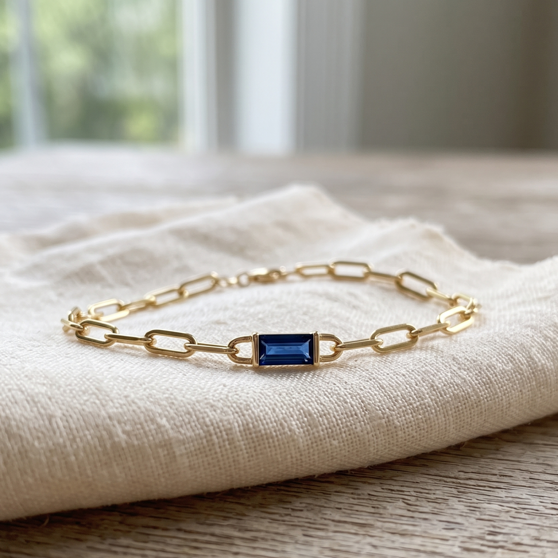 Kiashaa Jewellery 2.58 CT blue emerald-cut link bracelet in polished yellow gold.