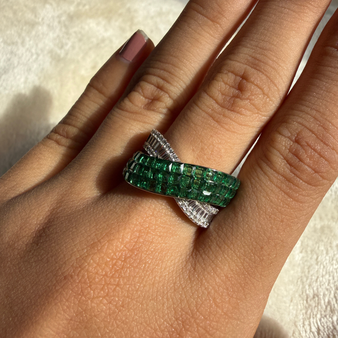 Green CZ and lab-grown diamond bypass statement ring by Kiashaa Jewellery.