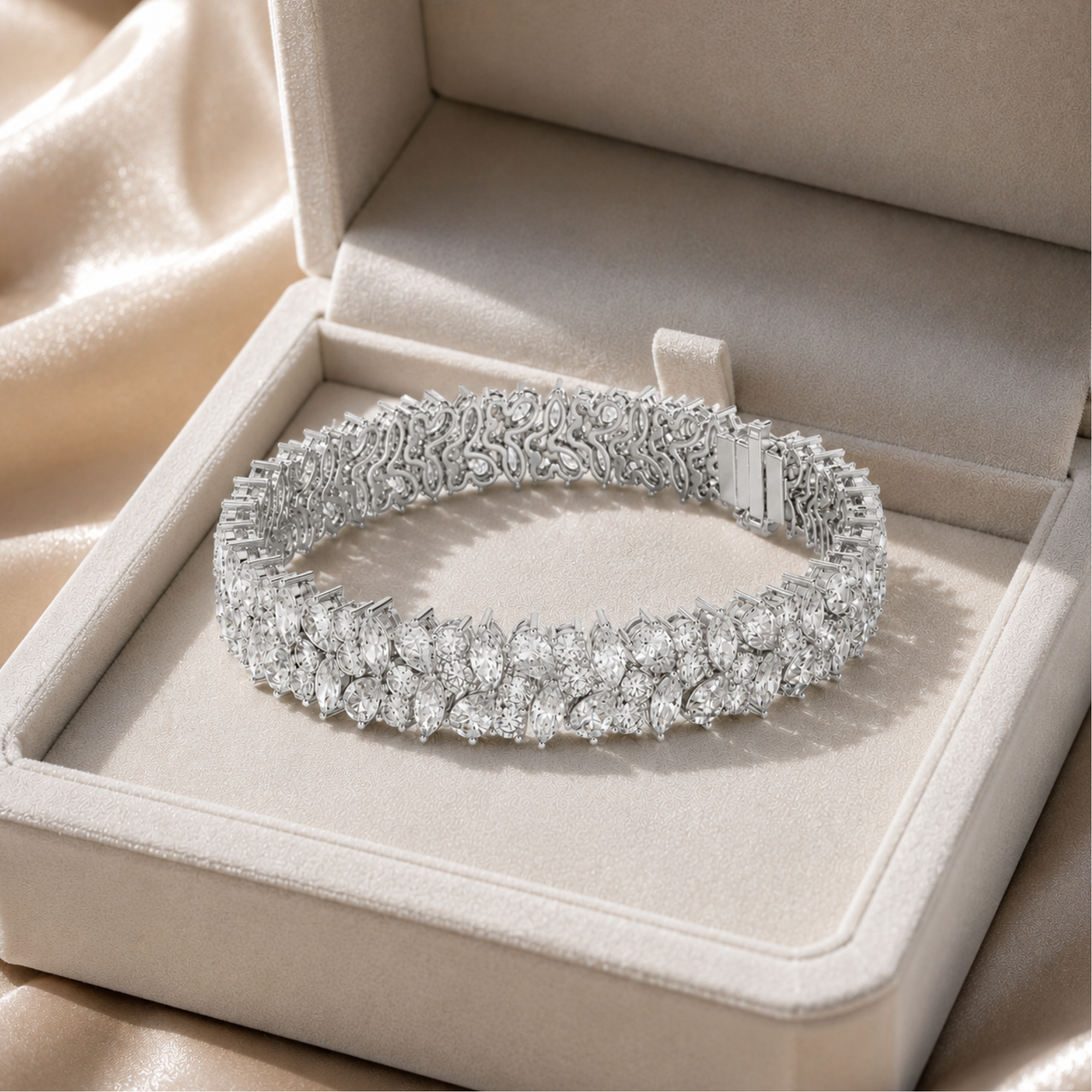 A sparkling diamond tennis bracelet in a silver-toned setting, displayed inside an open beige jewelry box on a soft satin fabric background.