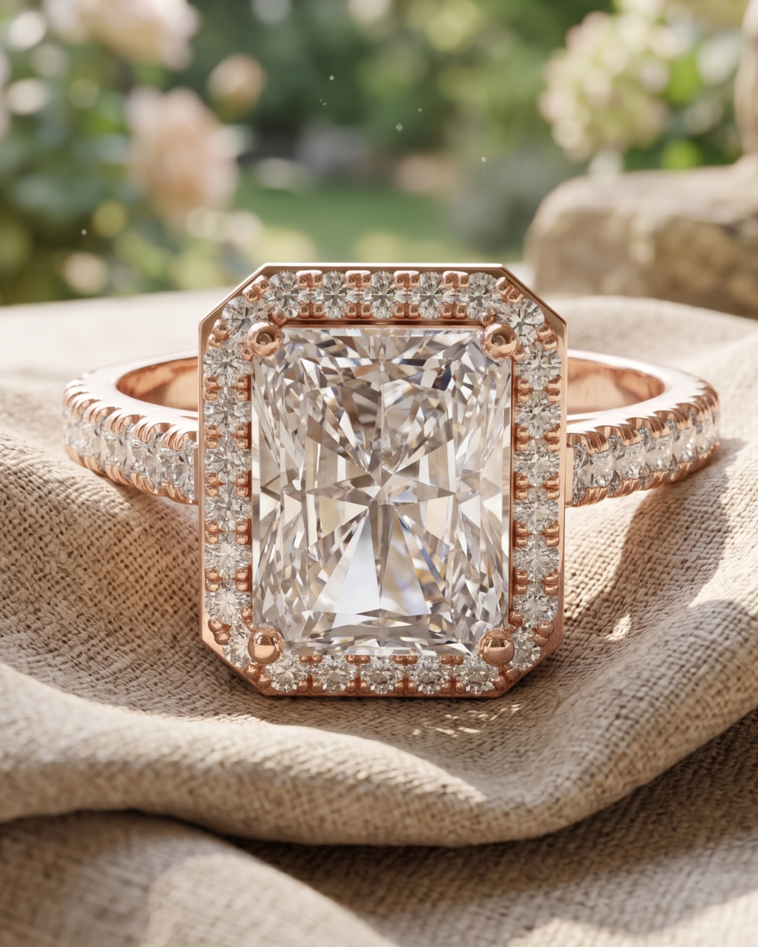 Rose gold radiant lab-grown diamond ladies ring by Kiashaa Jewellery with a sparkling round diamond halo.