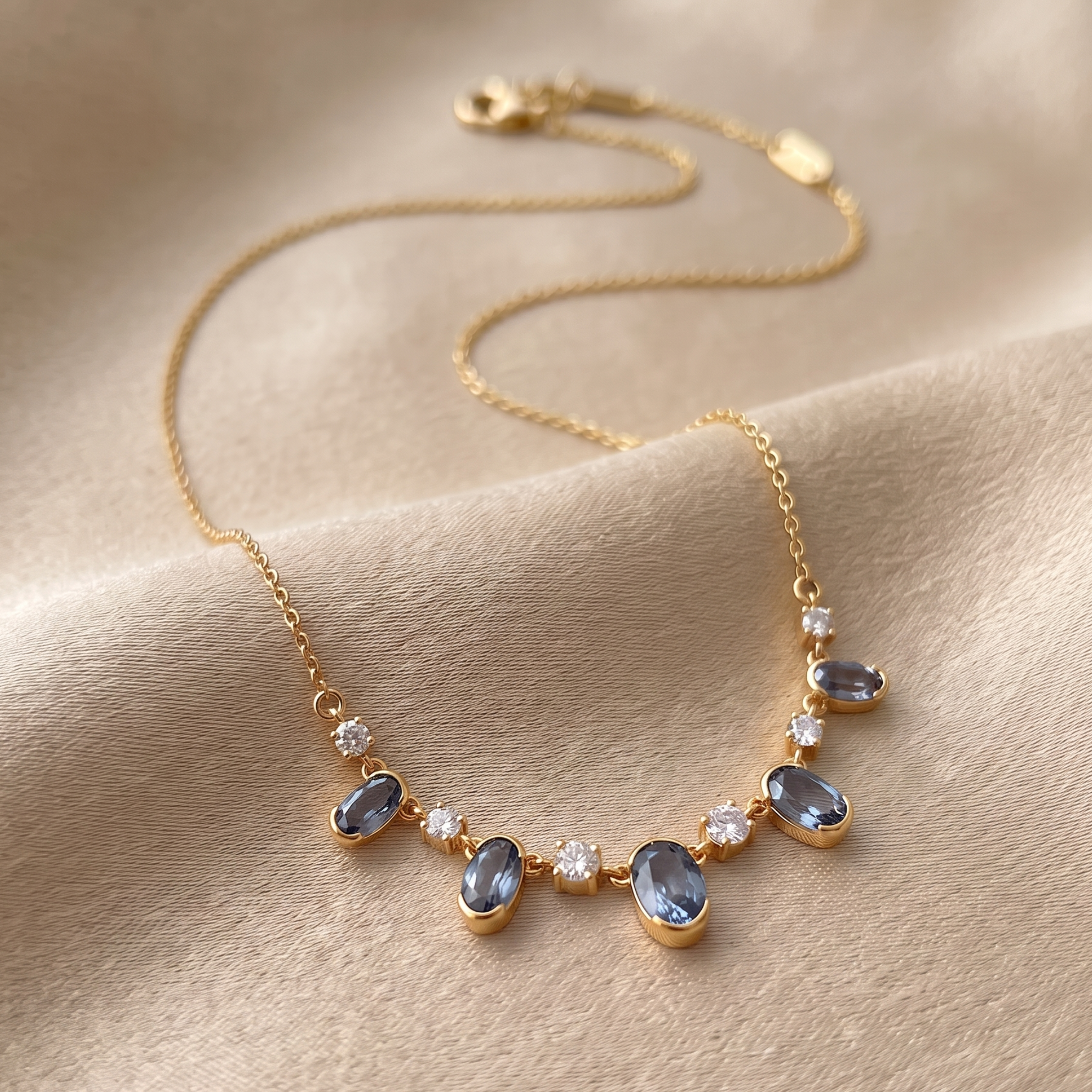 4.20 CTW oval and round diamond station necklace in polished yellow gold.