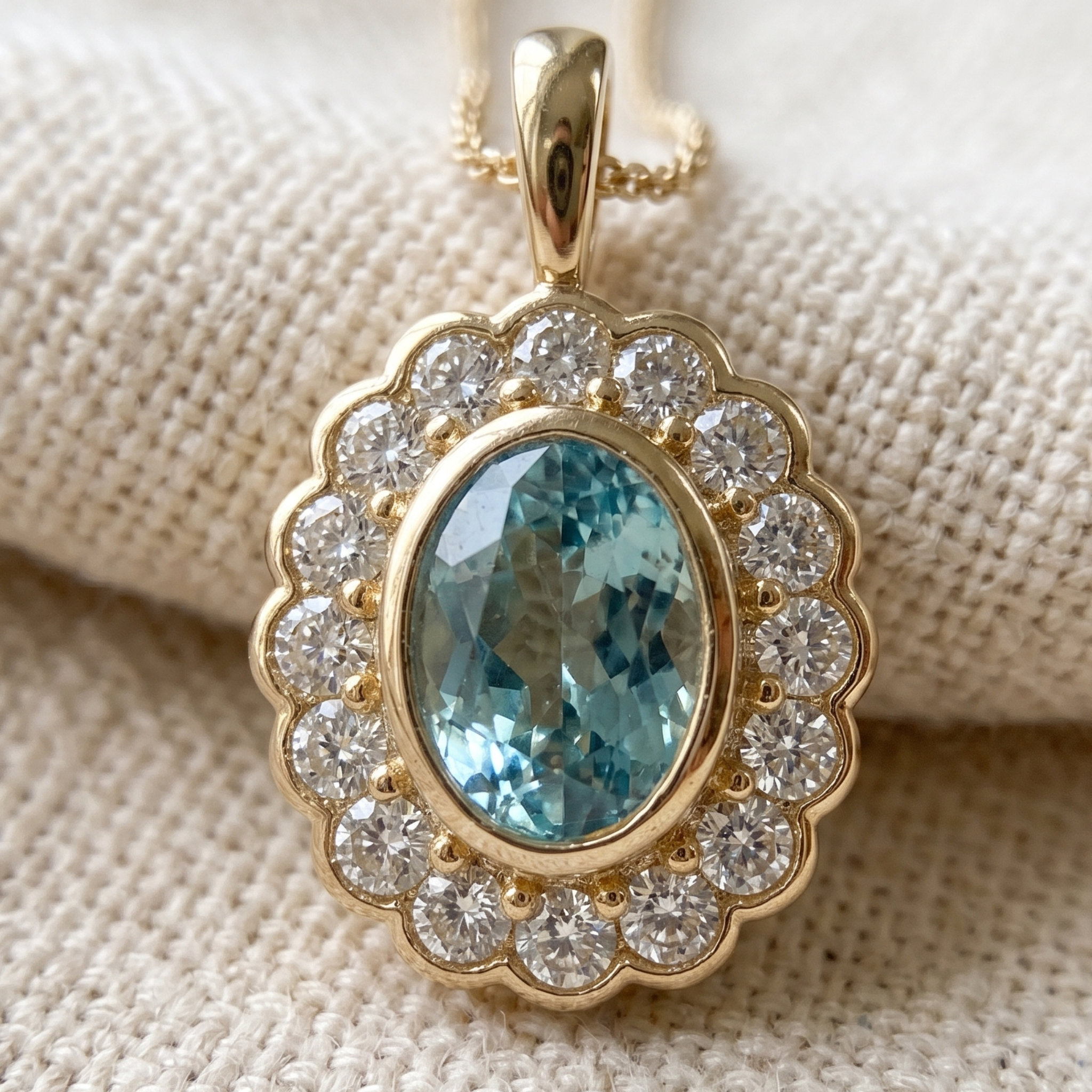 Azure Bloom 1.24 CTW Oval Blue Gemstone Halo Pendant Necklace in 9K, 14K & 18K Gold