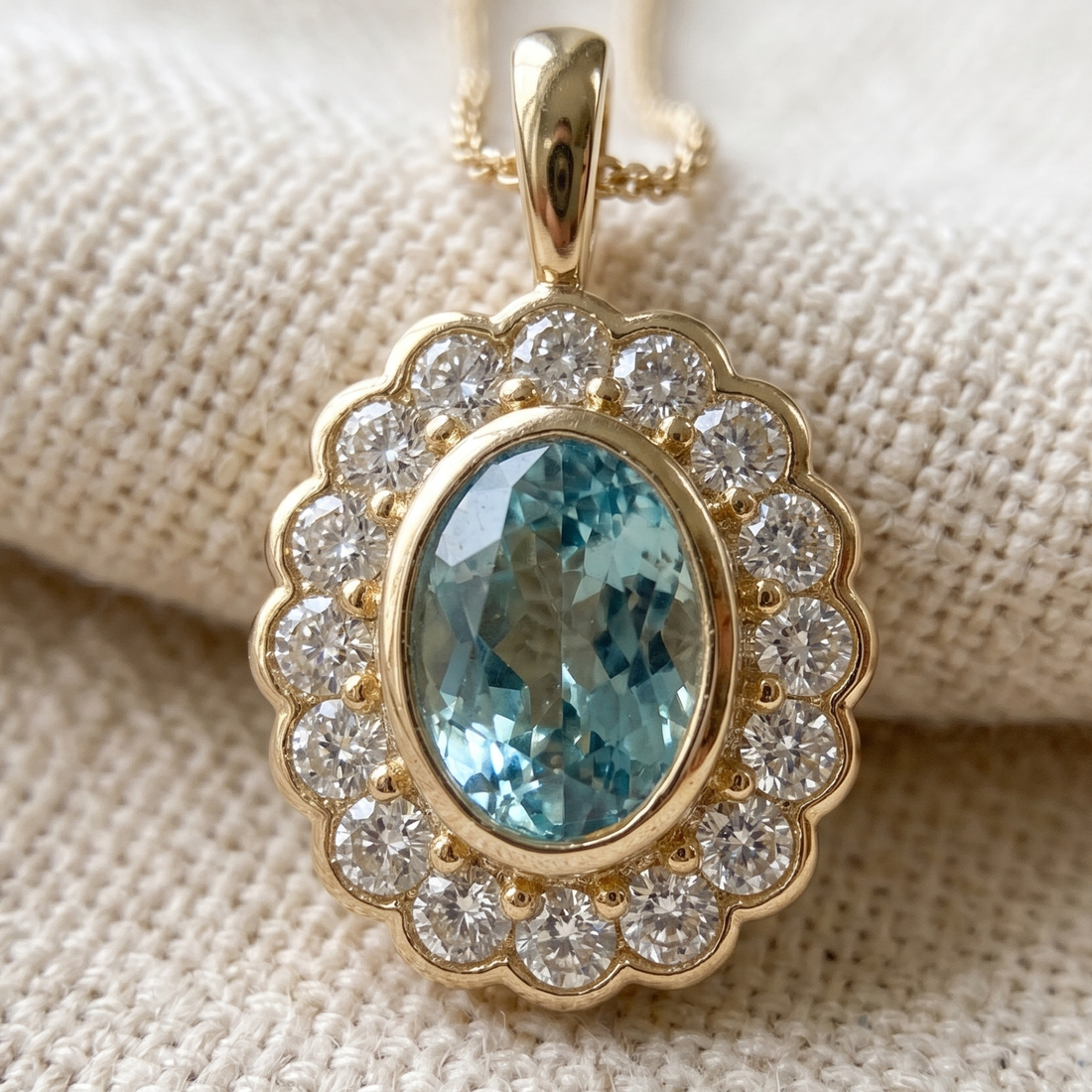 Azure Bloom 1.24 CTW Oval Blue Gemstone Halo Pendant Necklace in 9K, 14K & 18K Gold